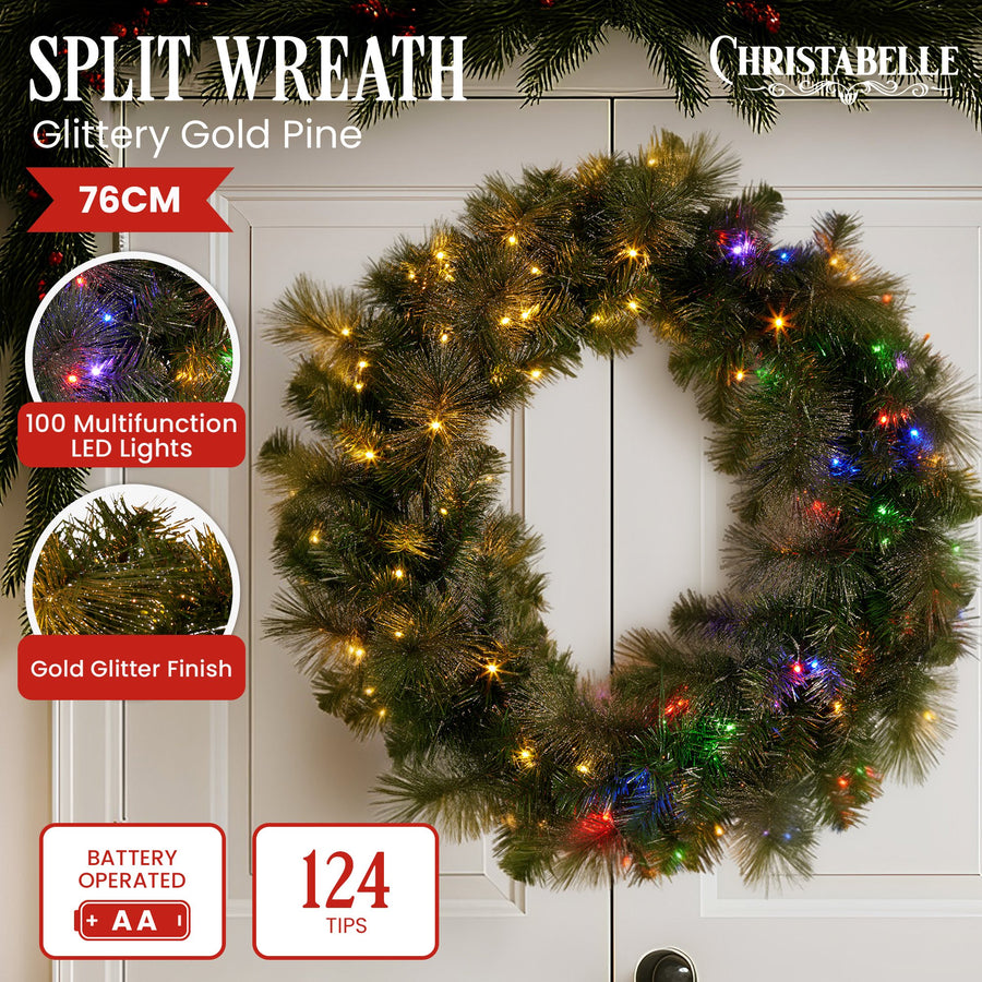 Christabelle 76cm Split Christmas Wreath with LED Lights for Double Front Doors Decoration - SuperSaverAU - view 1