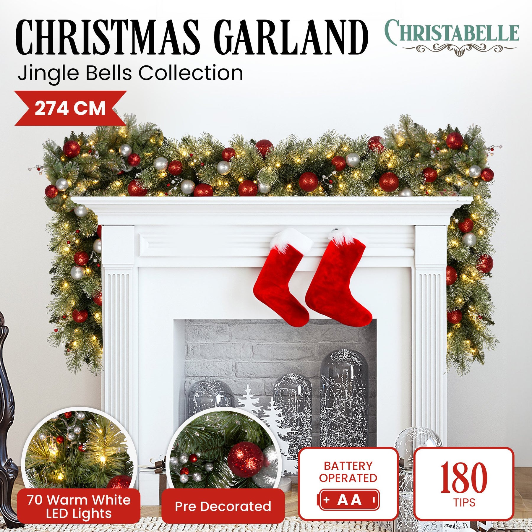 Christabelle 2.7m Christmas Garland with LED Lights and Baubles Mantle Decoration Ornament - SuperSaverAU - view 2