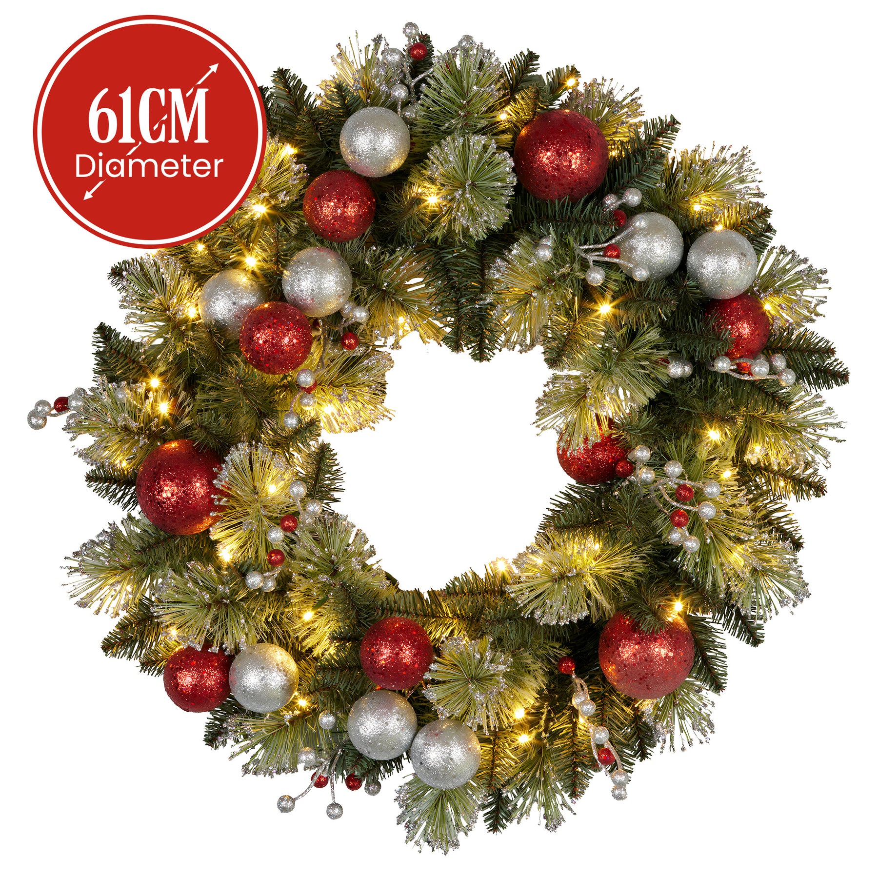 Christabelle Stunning 61cm Christmas Wreath with LED Lights Baubles Berries Red Silver Front Door Decoration - SuperSaverAU - view 1