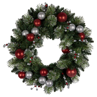 Christabelle Stunning 61cm Christmas Wreath with LED Lights Baubles Berries Red Silver Front Door Decoration