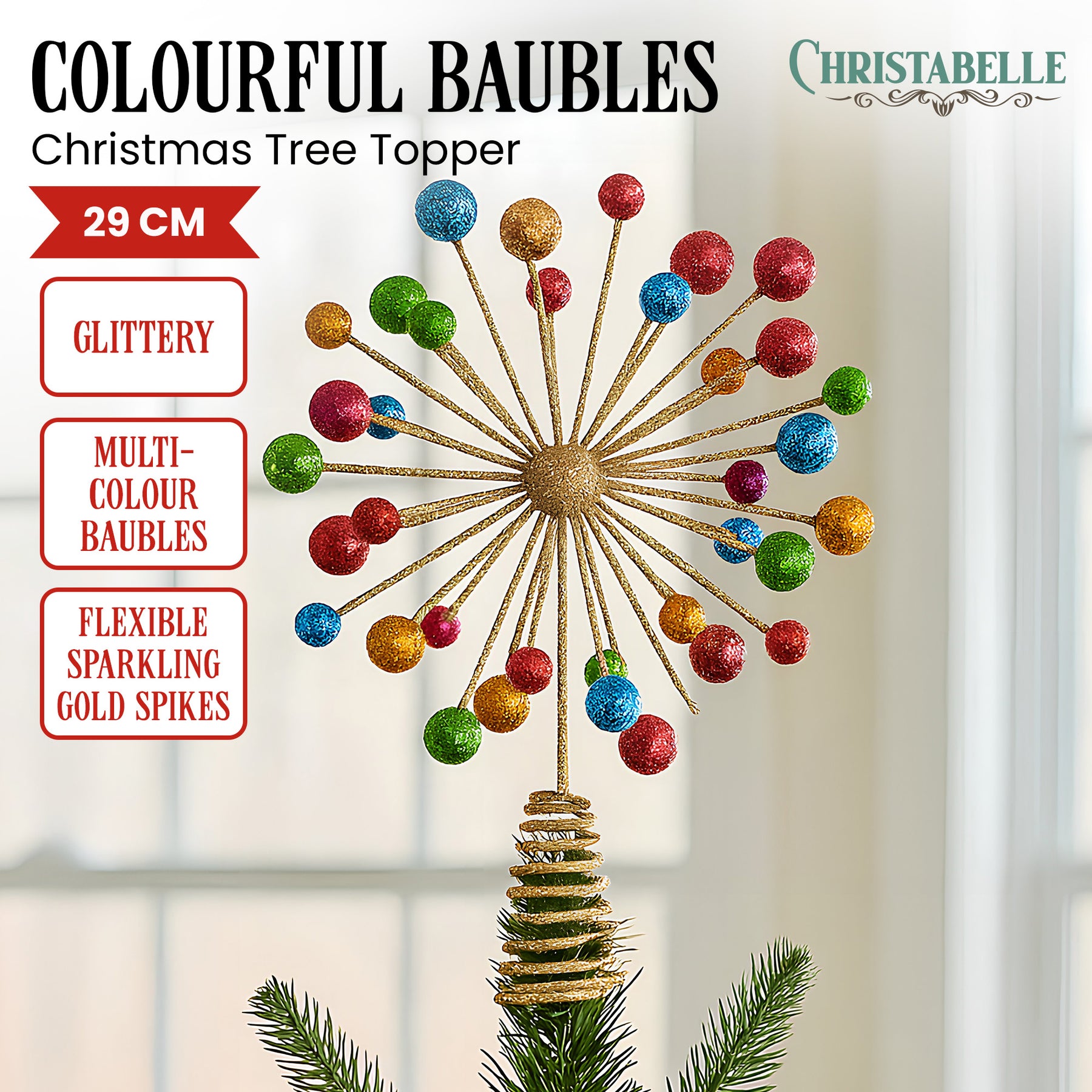 Christabelle Christmas Tree Topper Glittery Baubles Gold Decoration Ornaments - SuperSaverAU - view 1
