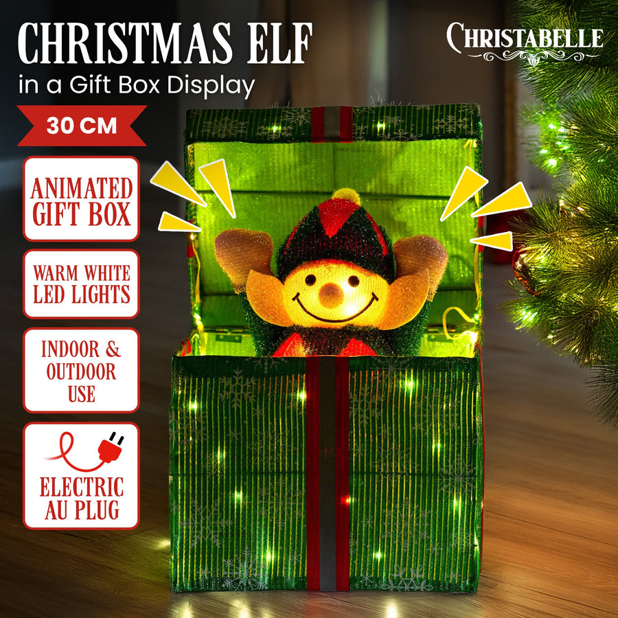 Christabelle Animated Elf Gift Box Led Lights Christmas Tree Decoration Ornament - SuperSaverAU - view 1