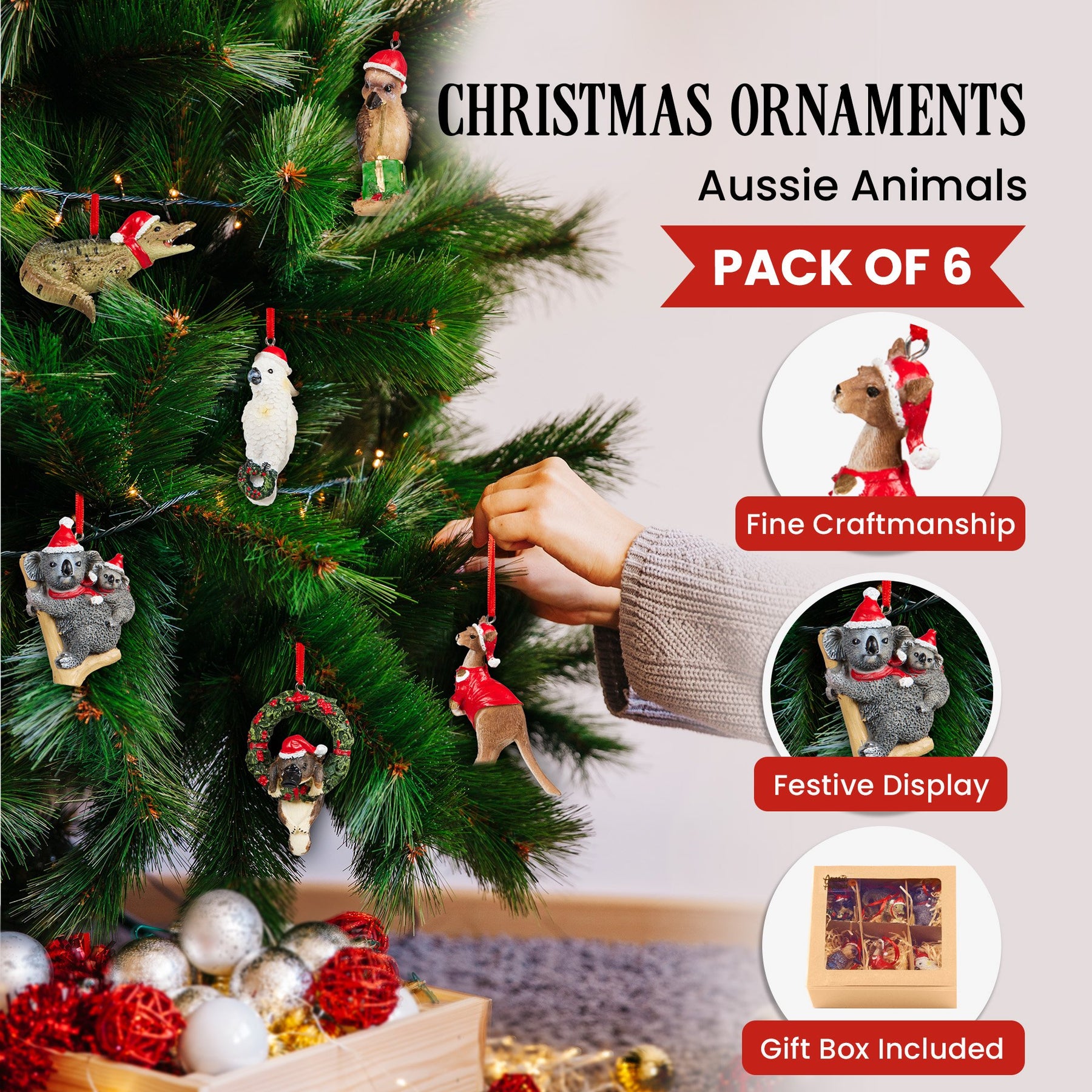 Christabelle Aussie Animals Christmas Decoration Gift Pack - 6 Baubles, 7-8cm - SuperSaverAU - view 2