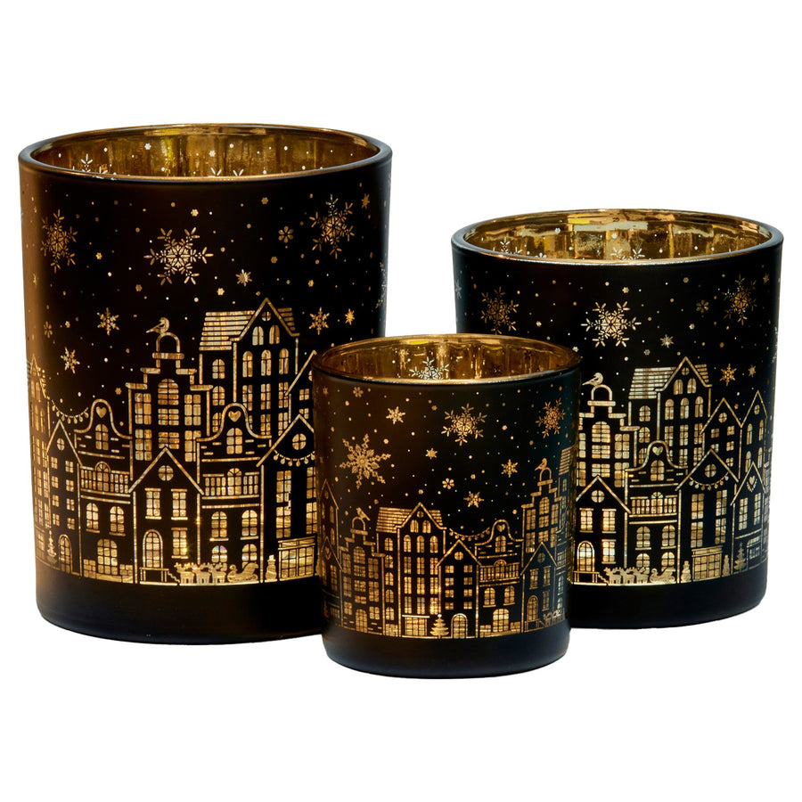 Christabelle Christmas Candle Jar Set Of 3 Black And Gold Holiday Candle Holders - SuperSaverAU - view 1