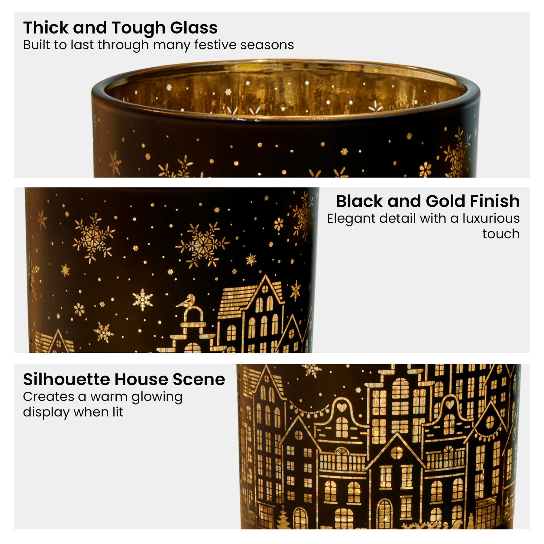 Christabelle Christmas Candle Jar Set Of 3 Black And Gold Holiday Candle Holders - SuperSaverAU - view 4