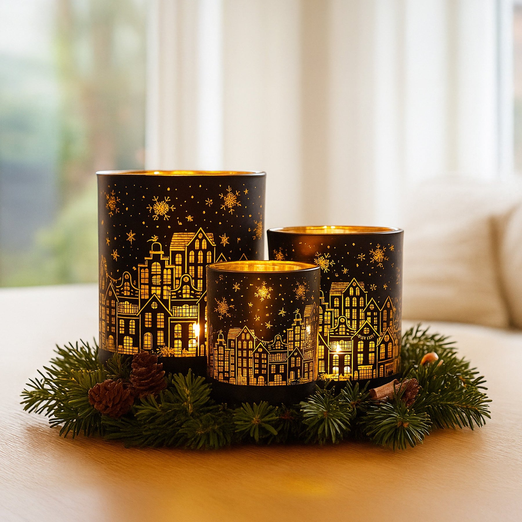 Christabelle Christmas Candle Jar Set Of 3 Black And Gold Holiday Candle Holders - SuperSaverAU - view 5
