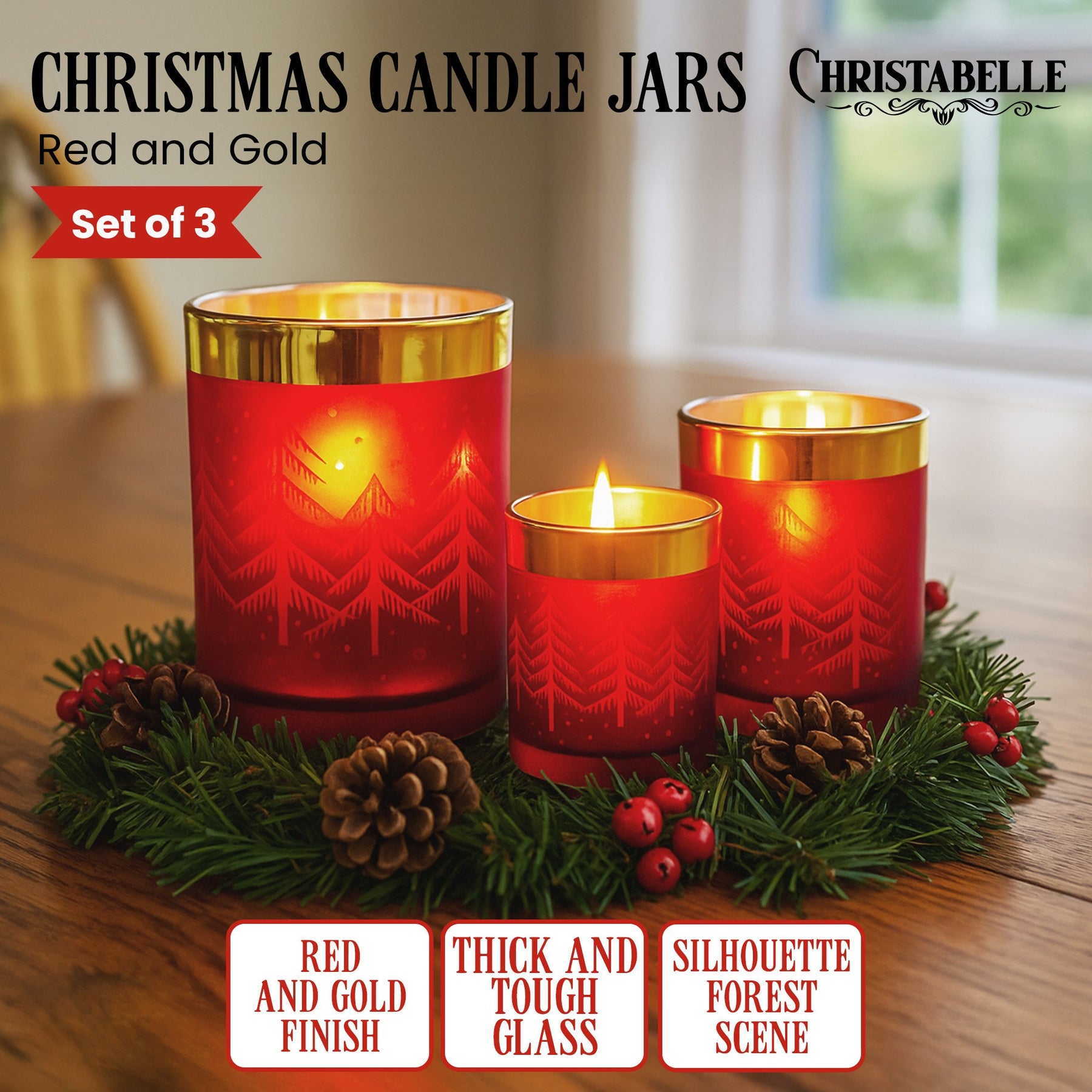 Christabelle Christmas Candle Jar Set Of 3 Red And Gold Holiday Candle Holders - SuperSaverAU - view 1