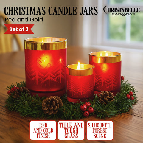 Christabelle Christmas Candle Jar Set Of 3 Red And Gold Holiday Candle Holders - SuperSaverAU - view 1