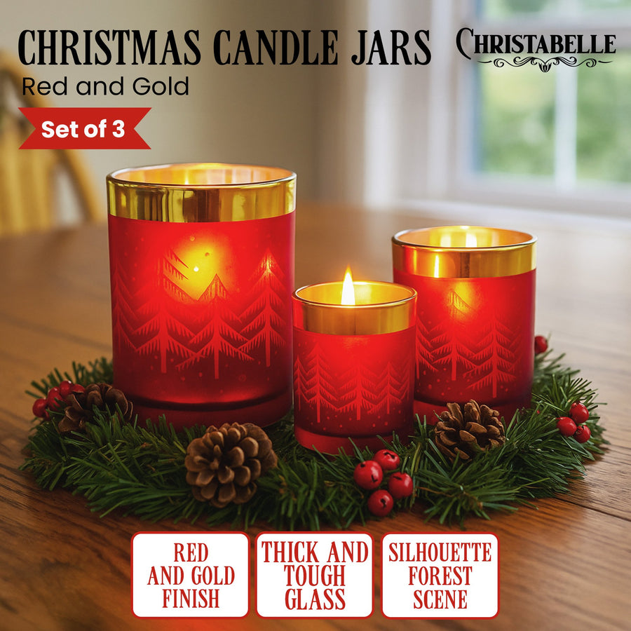 Christabelle Christmas Candle Jar Set Of 3 Red And Gold Holiday Candle Holders - SuperSaverAU - view 1