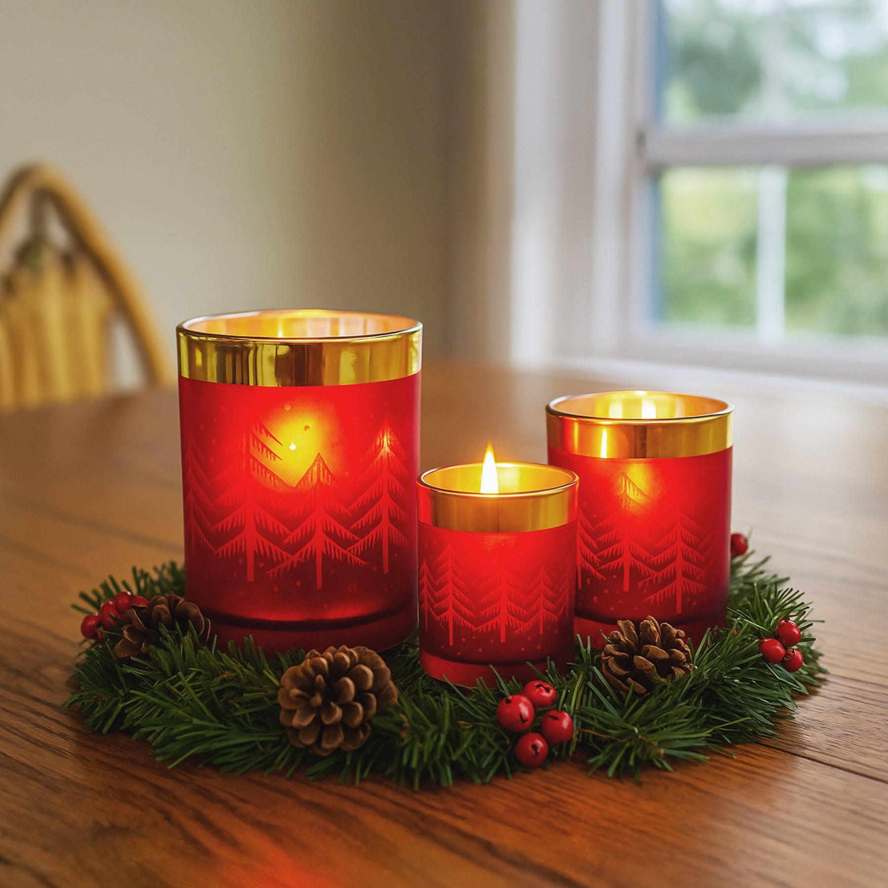 Christabelle Christmas Candle Jar Set Of 3 Red And Gold Holiday Candle Holders - SuperSaverAU - view 2