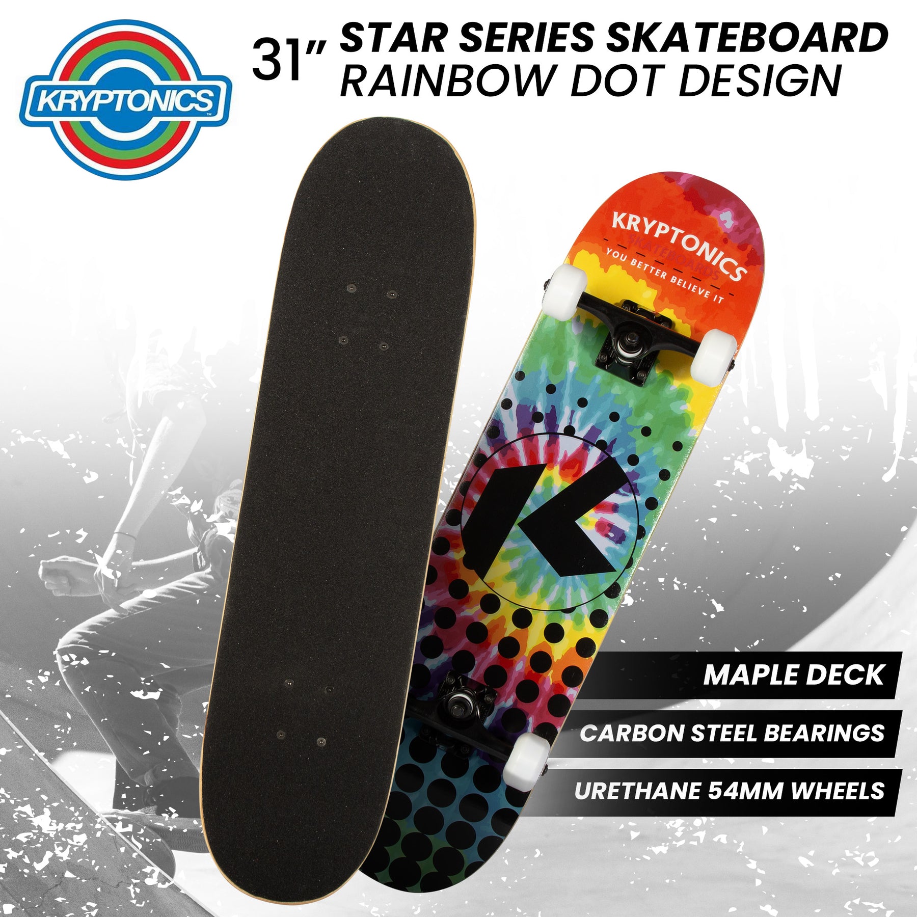 Kryptonics 31-inch Star Series Complete Skateboard Rainbow Dot - SuperSaverAU - view 7