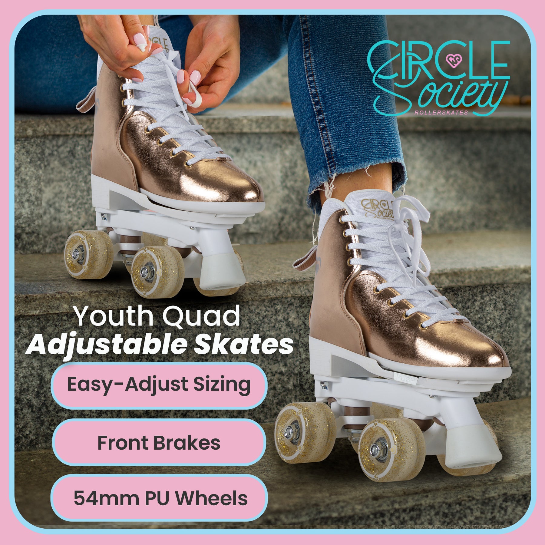 Circle Society Adjustable Quad Kids Roller Skates In Metallic Rose Gold - SuperSaverAU - view 10