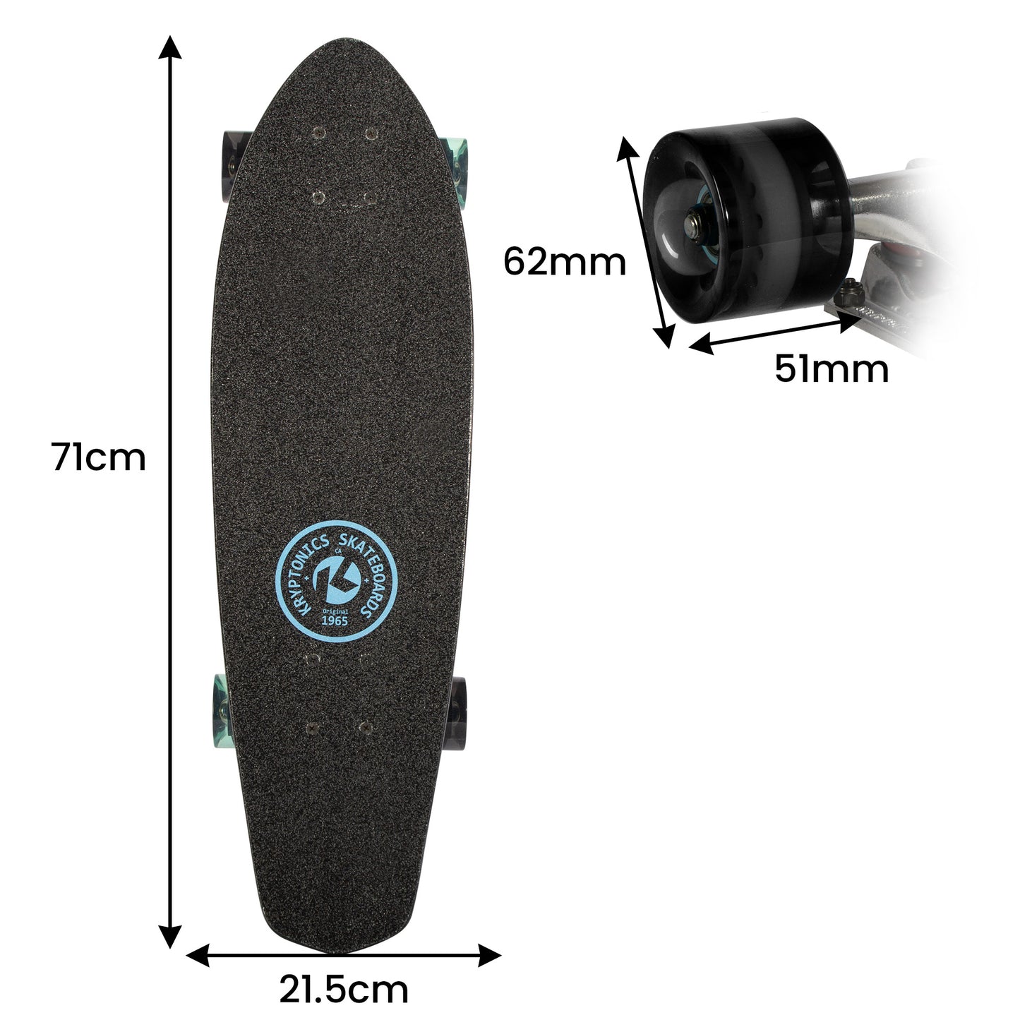 Kryptonics 28-inch Cruiser Board - 8 Ply NE Birch Deck, Single Kicktail, 62mm Wheels