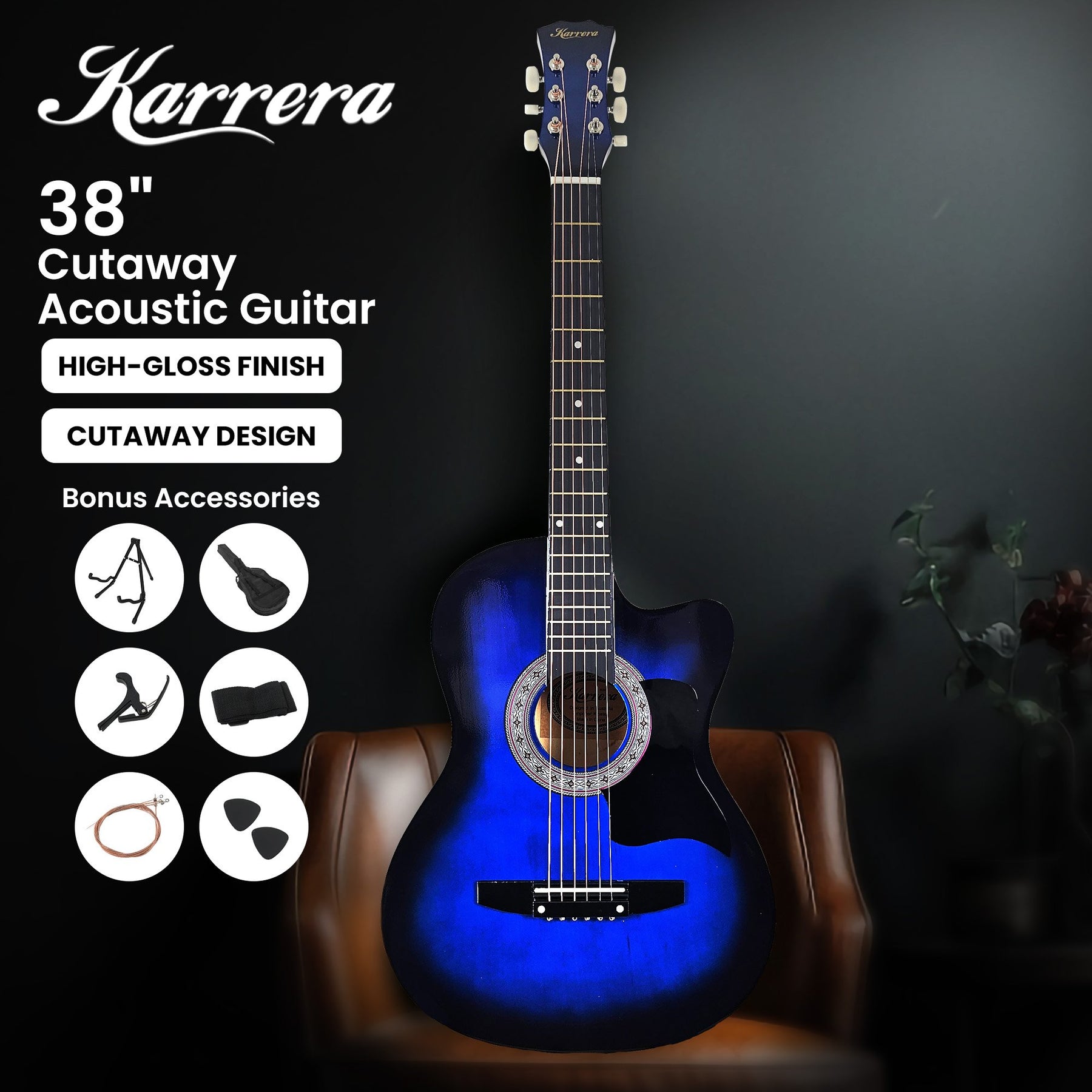 Karrera 38in Pro Cutaway Acoustic Guitar Set - Blue Burst