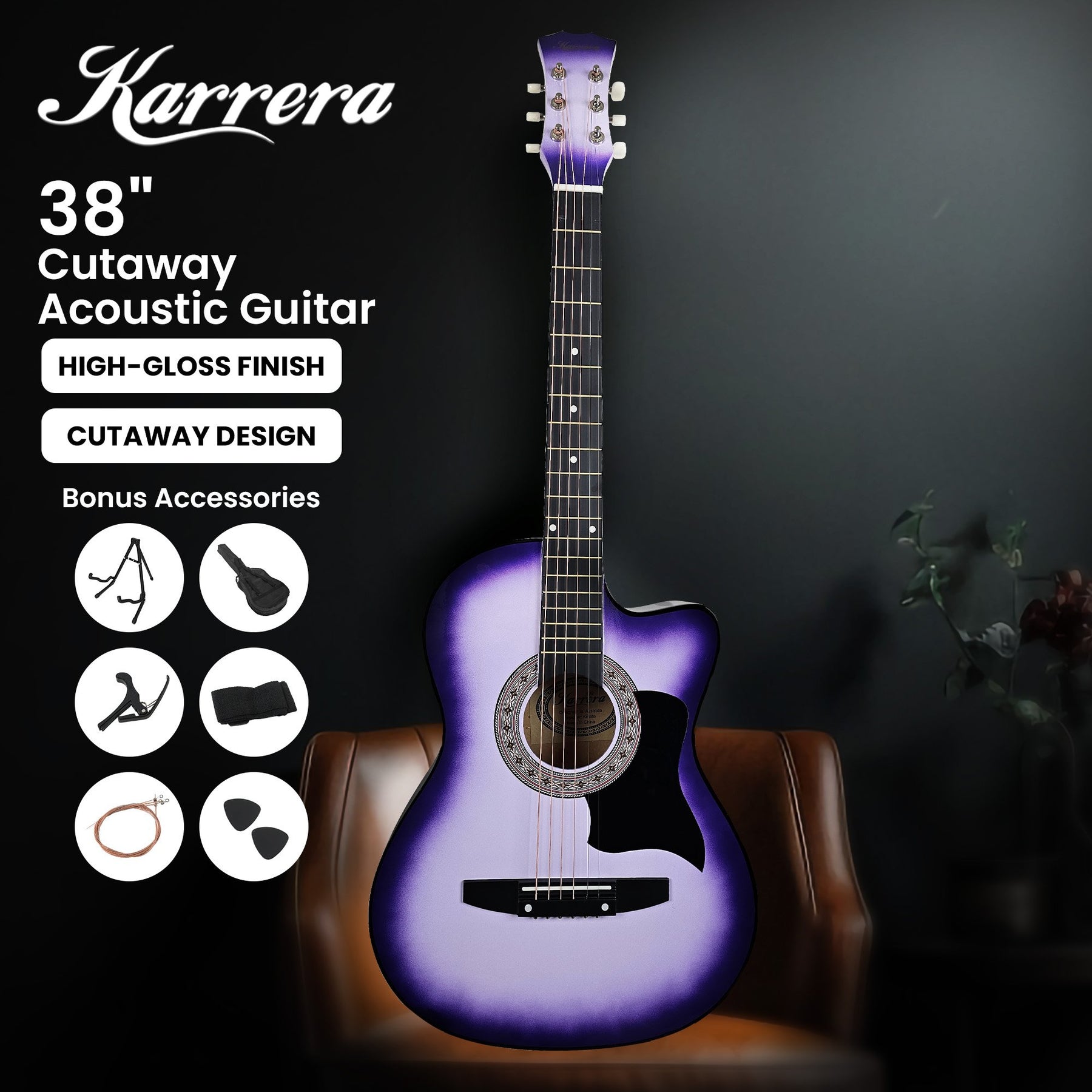 Karrera 38in Pro Cutaway Acoustic Guitar Set - Purple Burst