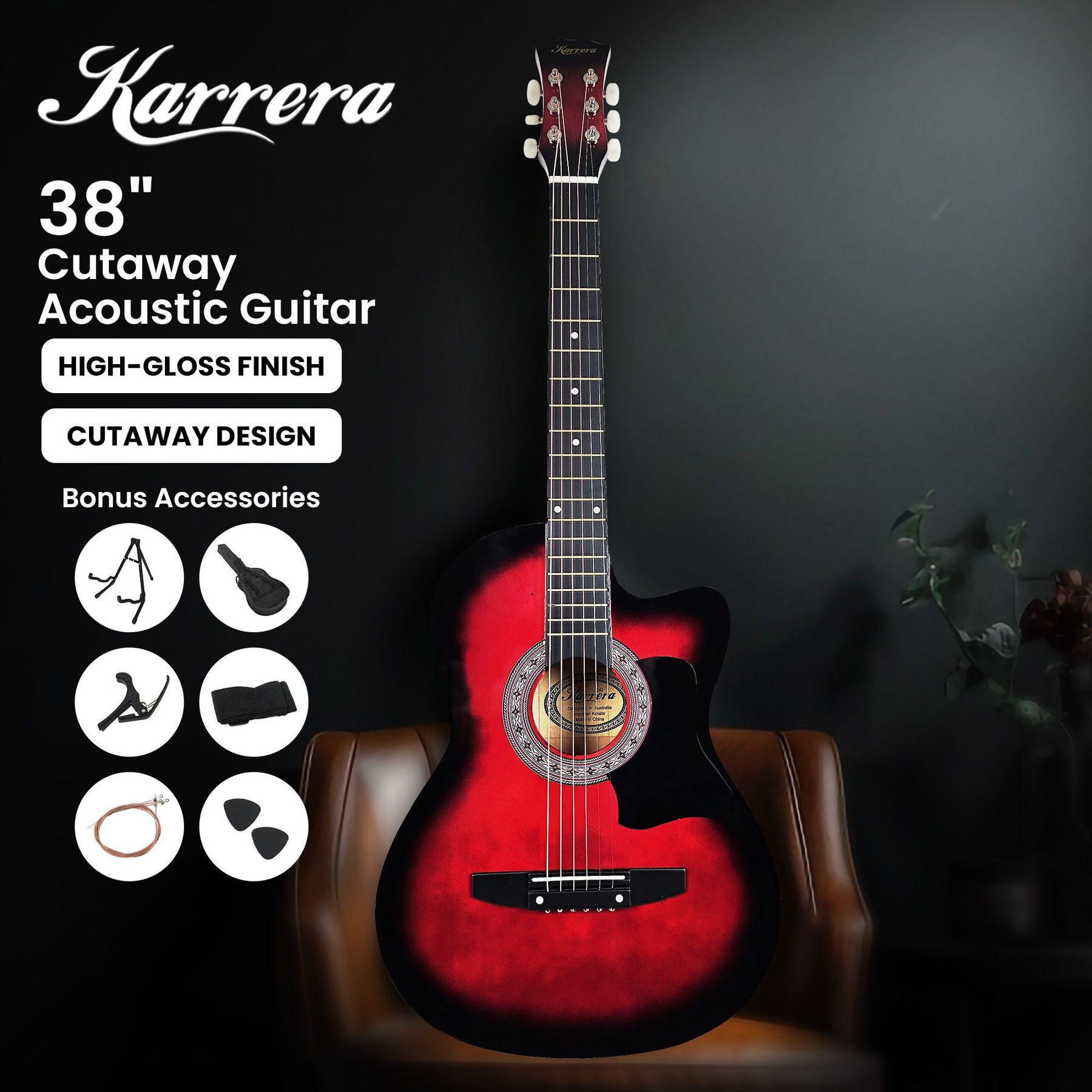 Karrera 38in Pro Cutaway Acoustic Guitar Set - Red Burst