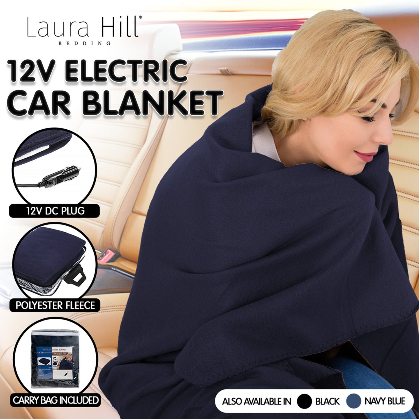 Laura Hill Heated Electric Car Blanket 150x110cm 12V Fleece for Cold Journeys
