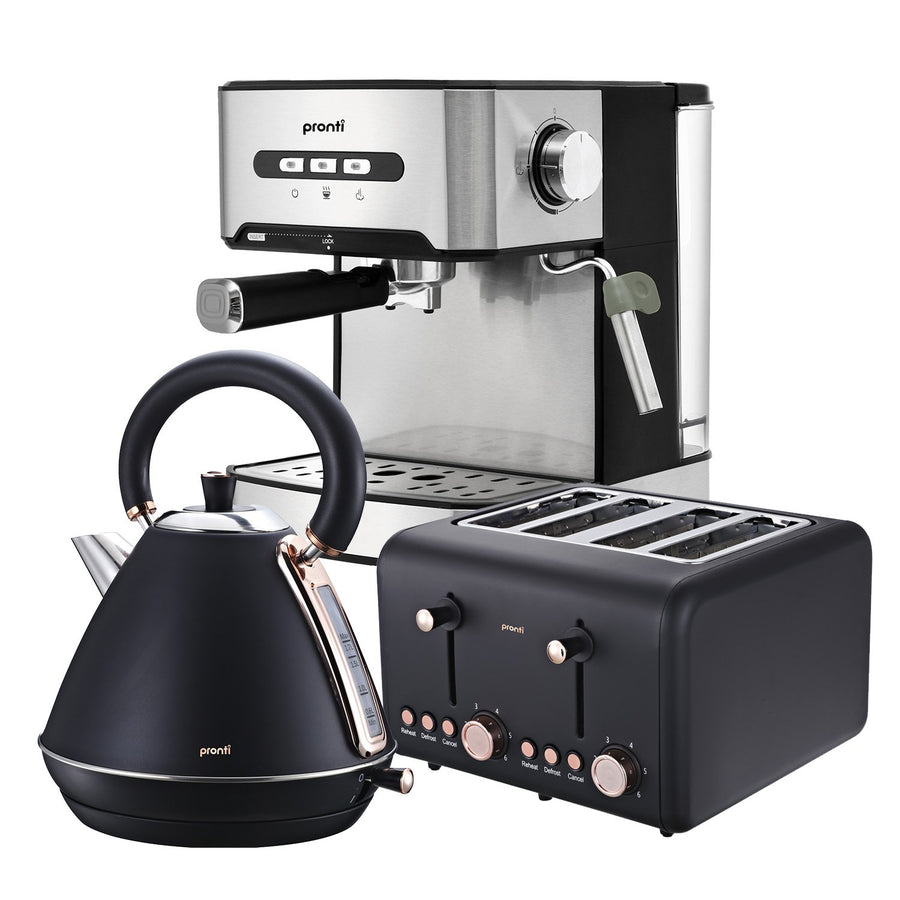 Pronti Toaster, Kettle & Coffee Machine Breakfast Set - Black - SuperSaverAU - view 1