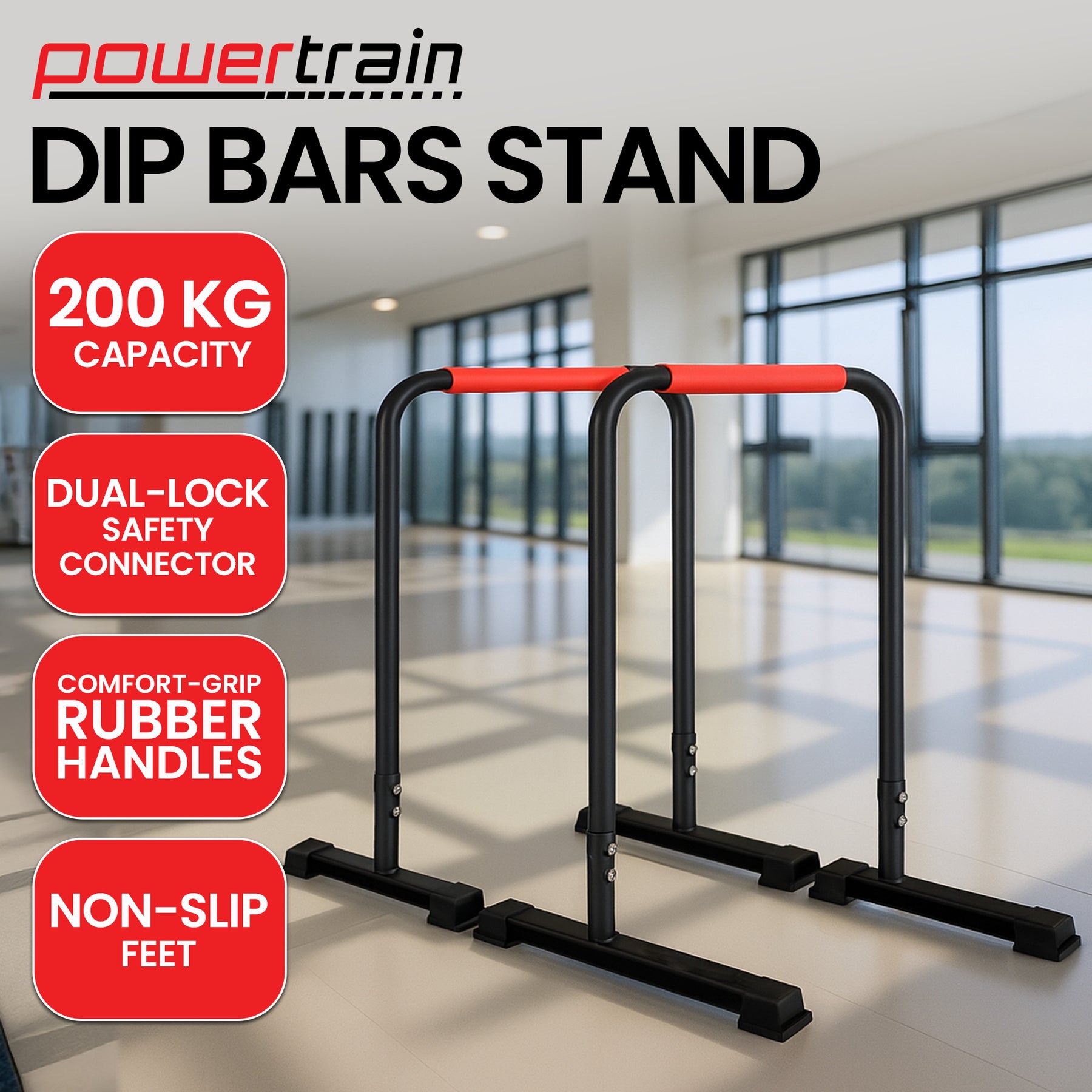 Powertrain Dip Bars Pair 200kg Capacity with Rubberised Handles & Non-Slip Feet - SuperSaverAU - view 12