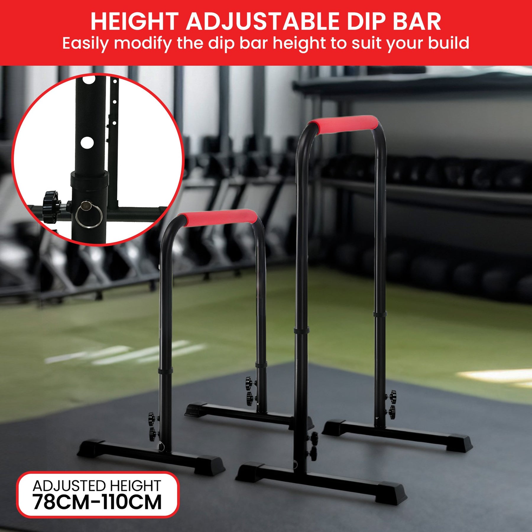 Powertrain Height-Adjustable Dip Bars Pair 200kg Capacity, Rubberised Handles, 68x51x78-101cm - SuperSaverAU - view 4