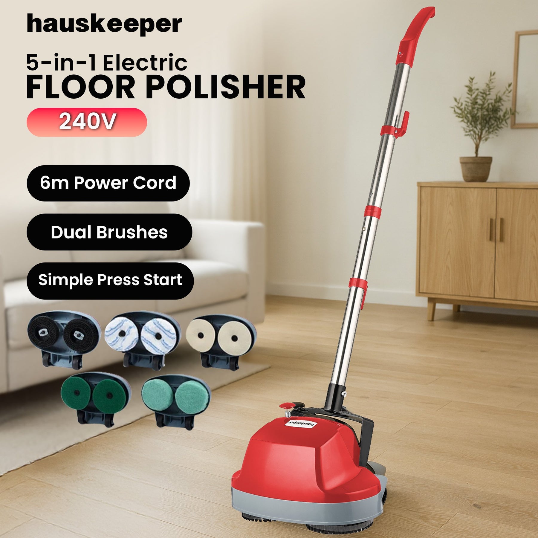 Premium Klika Hauskeeper 5 in 1 Electric Floor Polisher - Red