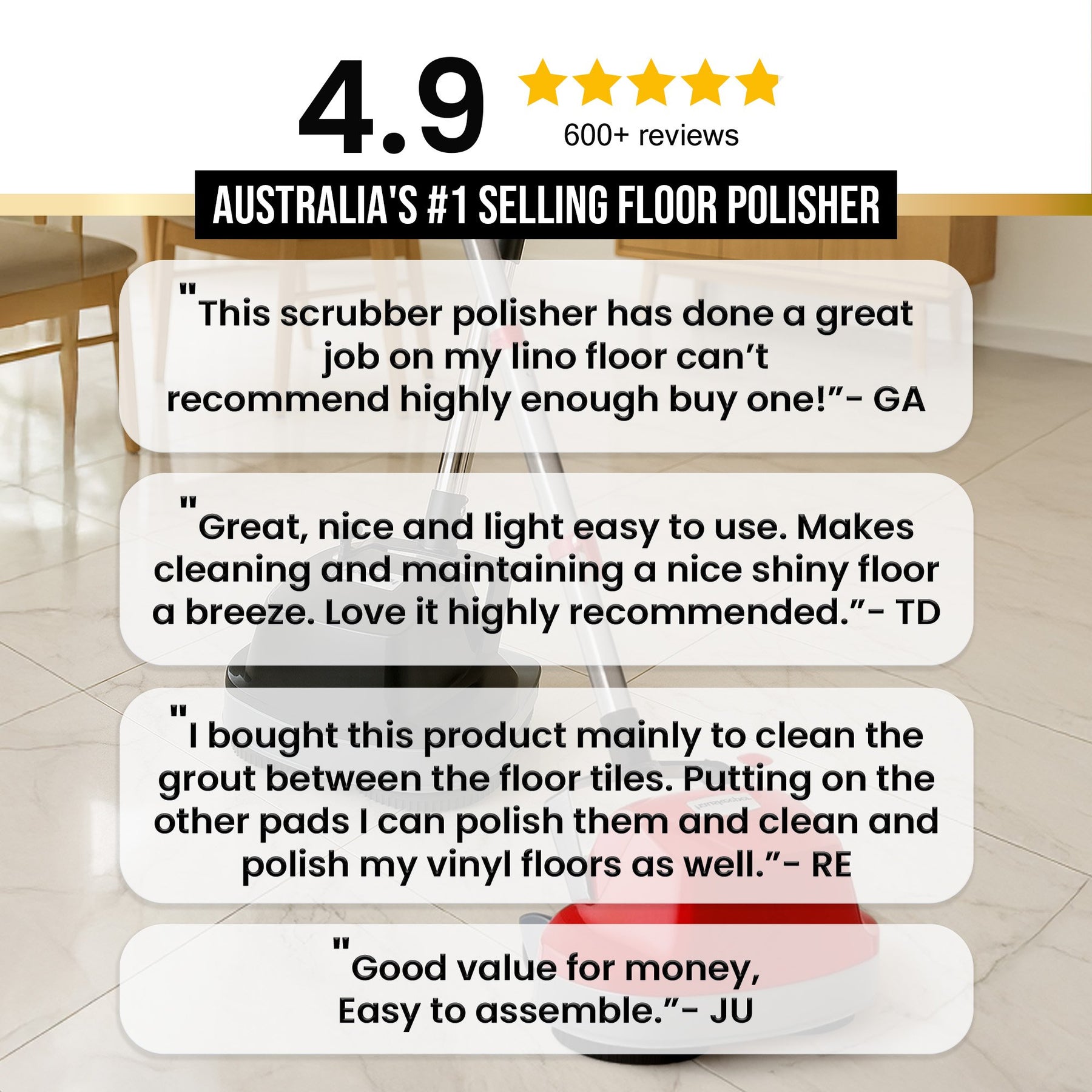 Hauskeeper Electric Floor Polisher 240V 6m Cord Twin Brushes Compact Black - SuperSaverAU - view 5