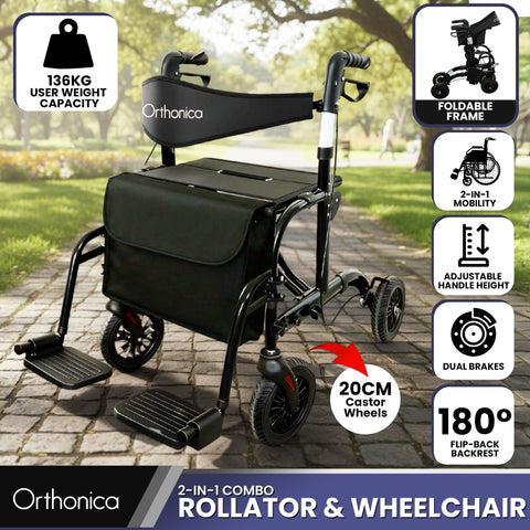 Orthonica Aluminium 2-in-1 Rollator Wheelchair Black Silver 136kg Capacity