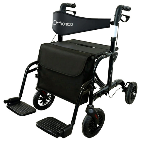 Orthonica Aluminium 2-in-1 Rollator Wheelchair Black Silver 136kg Capacity