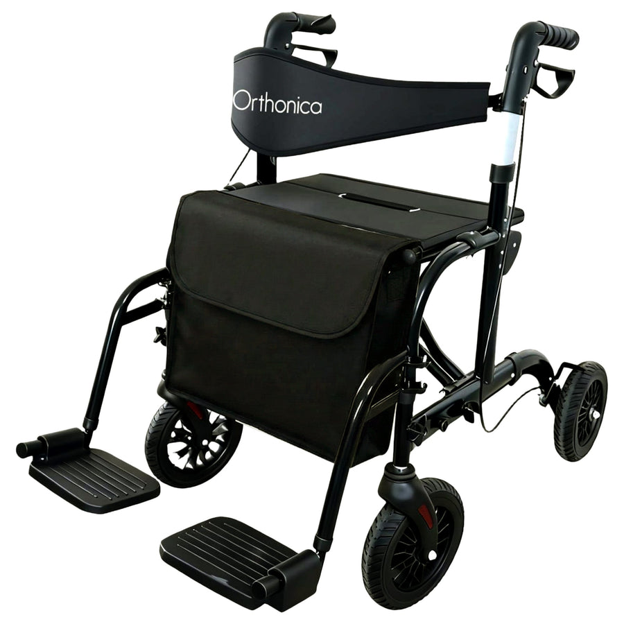 Orthonica Aluminium 2-in-1 Rollator Wheelchair Black Silver 136kg Capacity