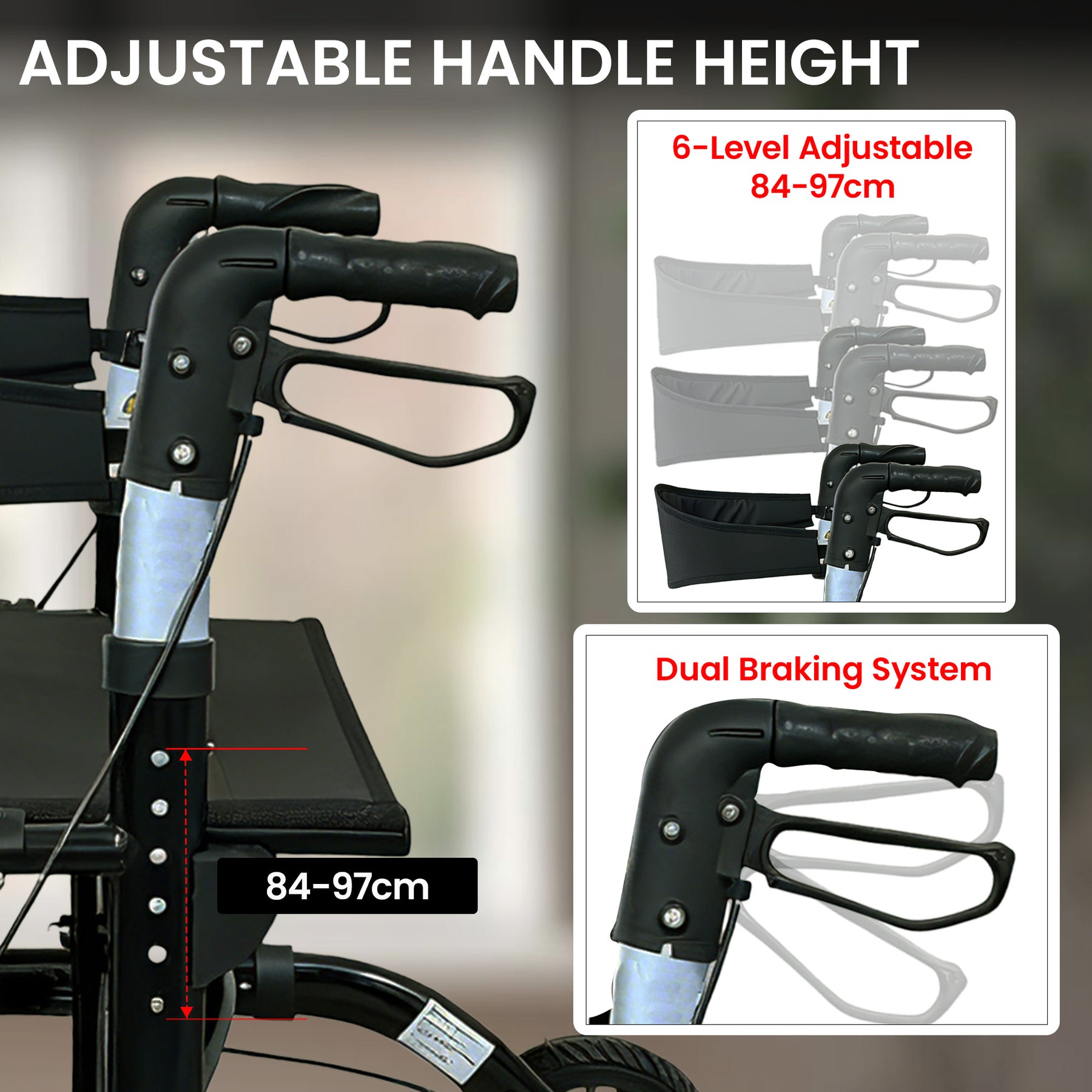 Orthonica Aluminium 2-in-1 Rollator Wheelchair Black Silver 136kg Capacity