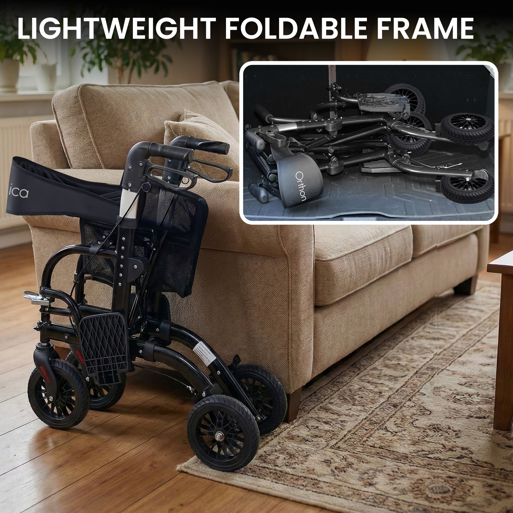 Orthonica Aluminium 2-in-1 Rollator Wheelchair Black Silver 136kg Capacity