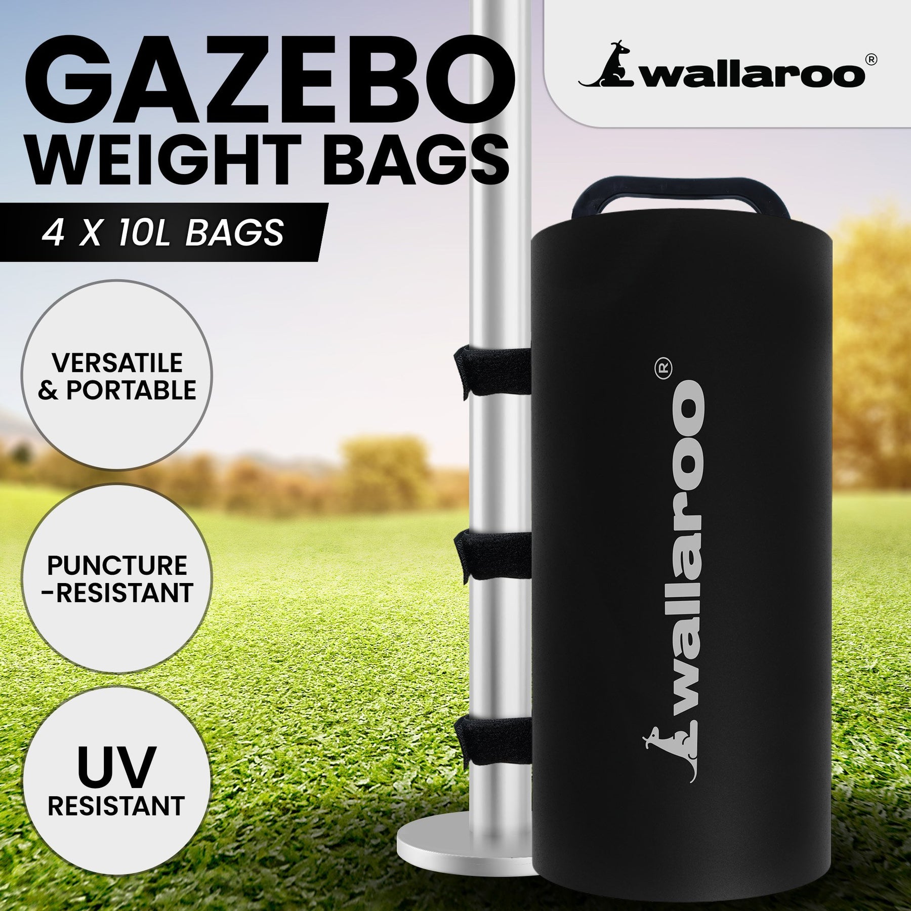 Wallaroo 4 Pack 10L Black Gazebo Water Weight Bags Eco Friendly Anchors