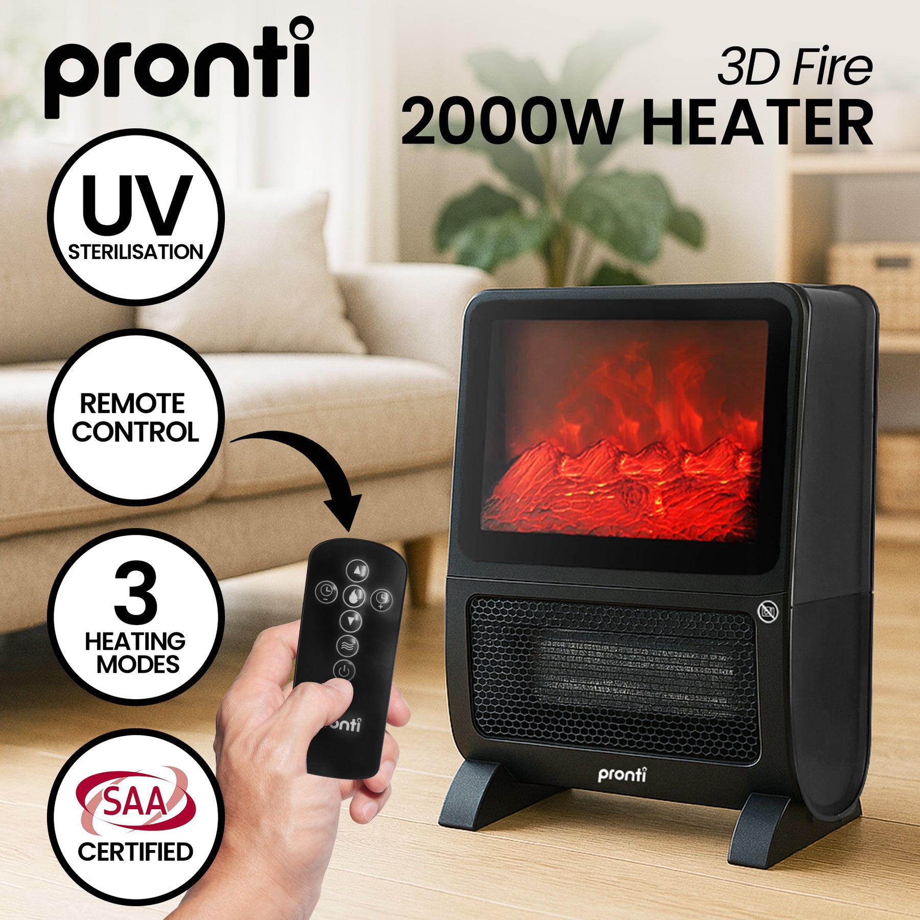 Pronti 2000W 3D Fire PTC Electric Portable Room Heater - SuperSaverAU - view 11