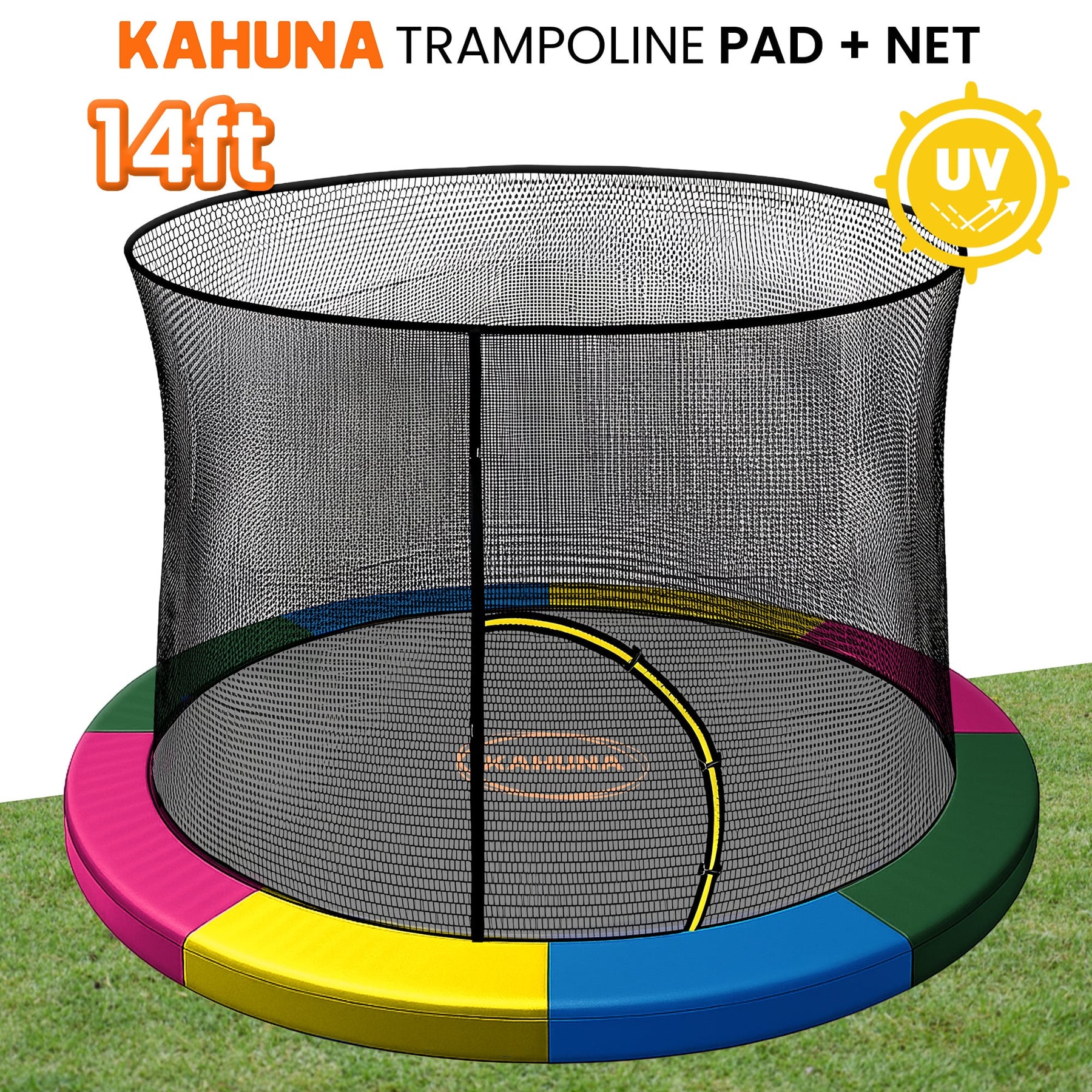 Kahuna Rainbow 14ft Trampoline Safety Pad & Net Set with Double-Lock Entry