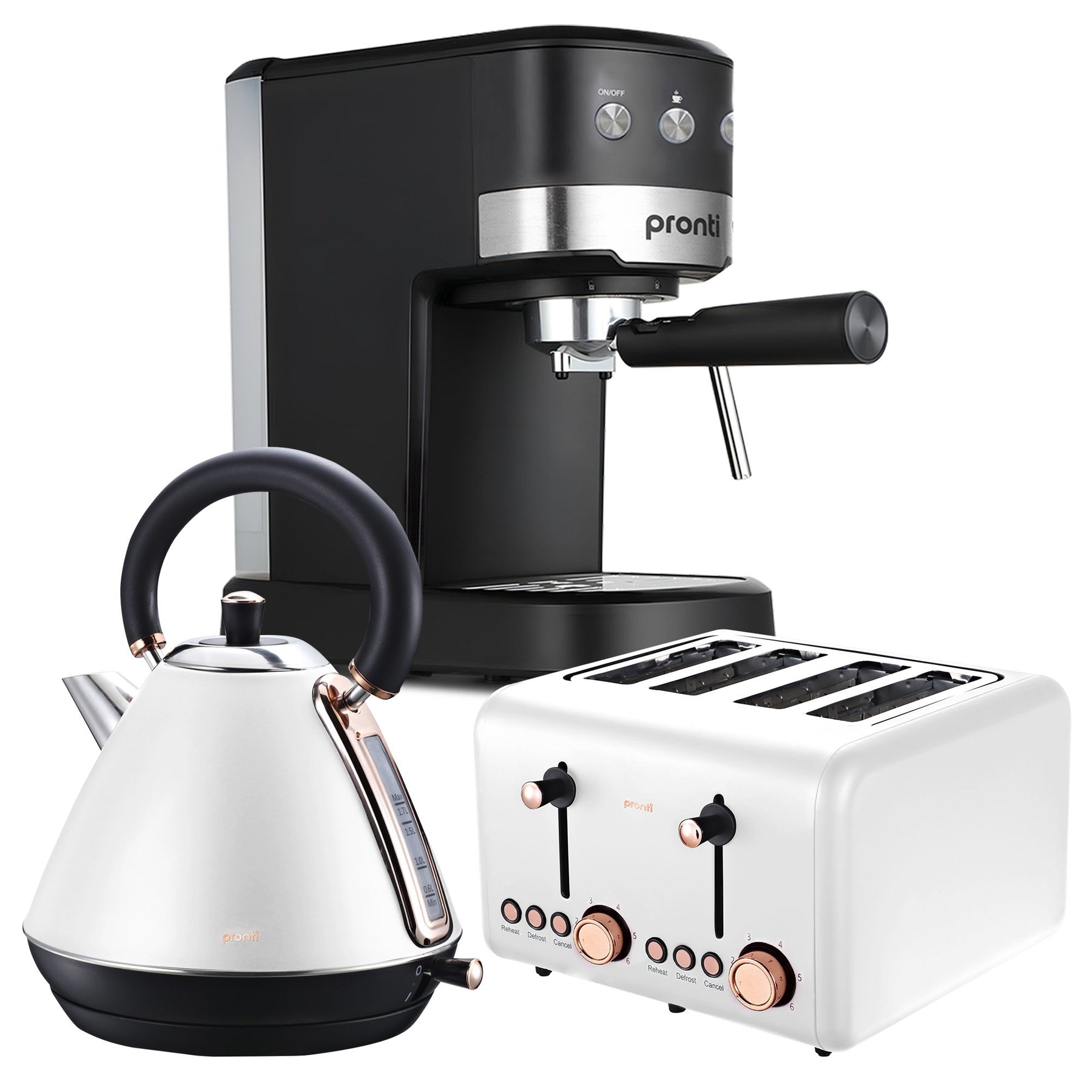Pronti Rose Gold Breakfast Set with 1.2L Espresso Machine - White
