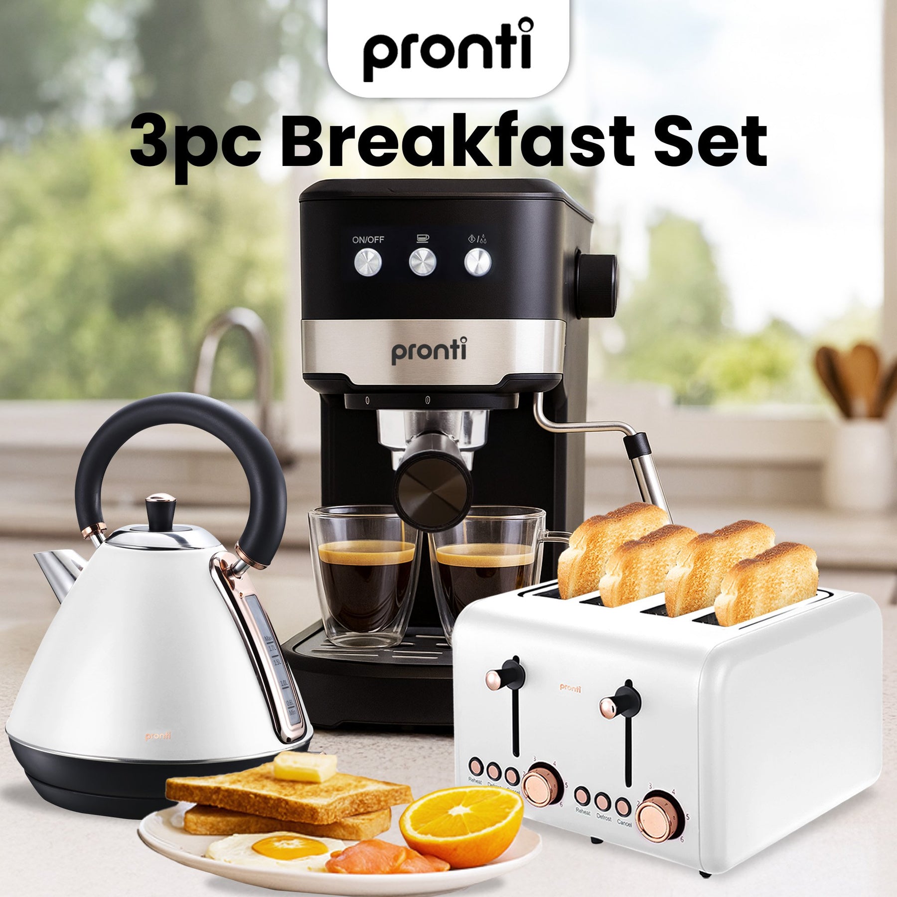 Pronti Rose Gold Breakfast Set with 1.2L Espresso Machine - White