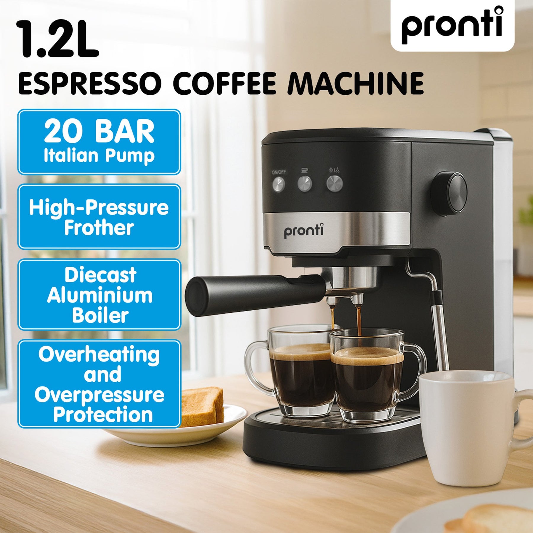 Pronti Rose Gold Breakfast Set with 1.2L Espresso Machine - White