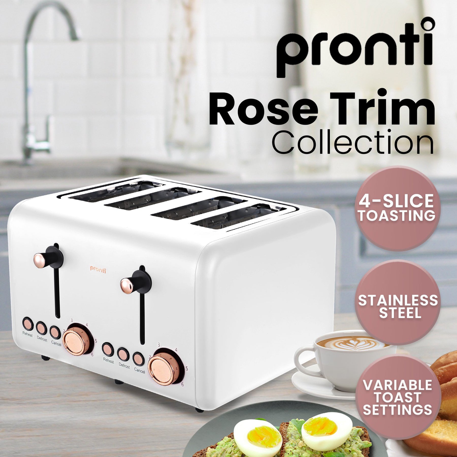 Pronti Rose Gold Breakfast Set with 1.2L Espresso Machine - White