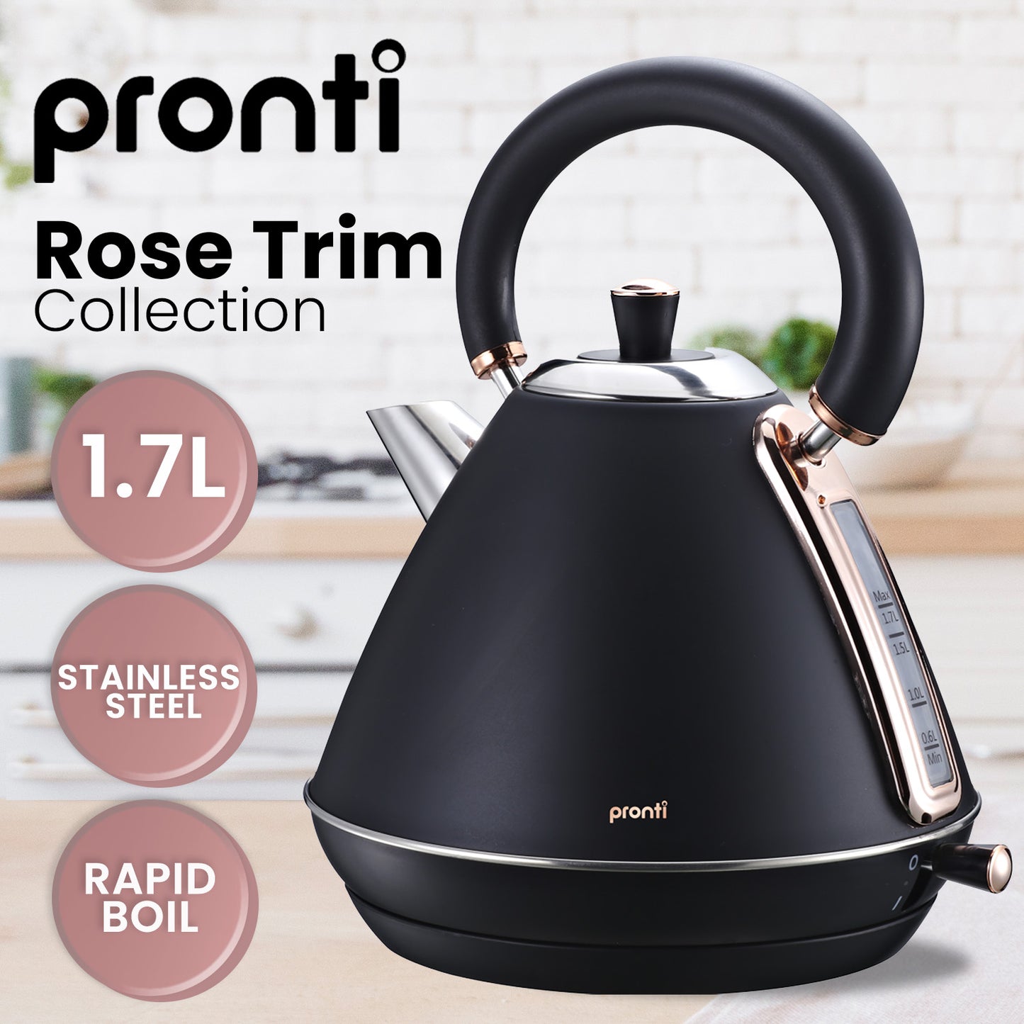 Pronti 1.7L Kettle - Rose Trim Stainless Steel, Black