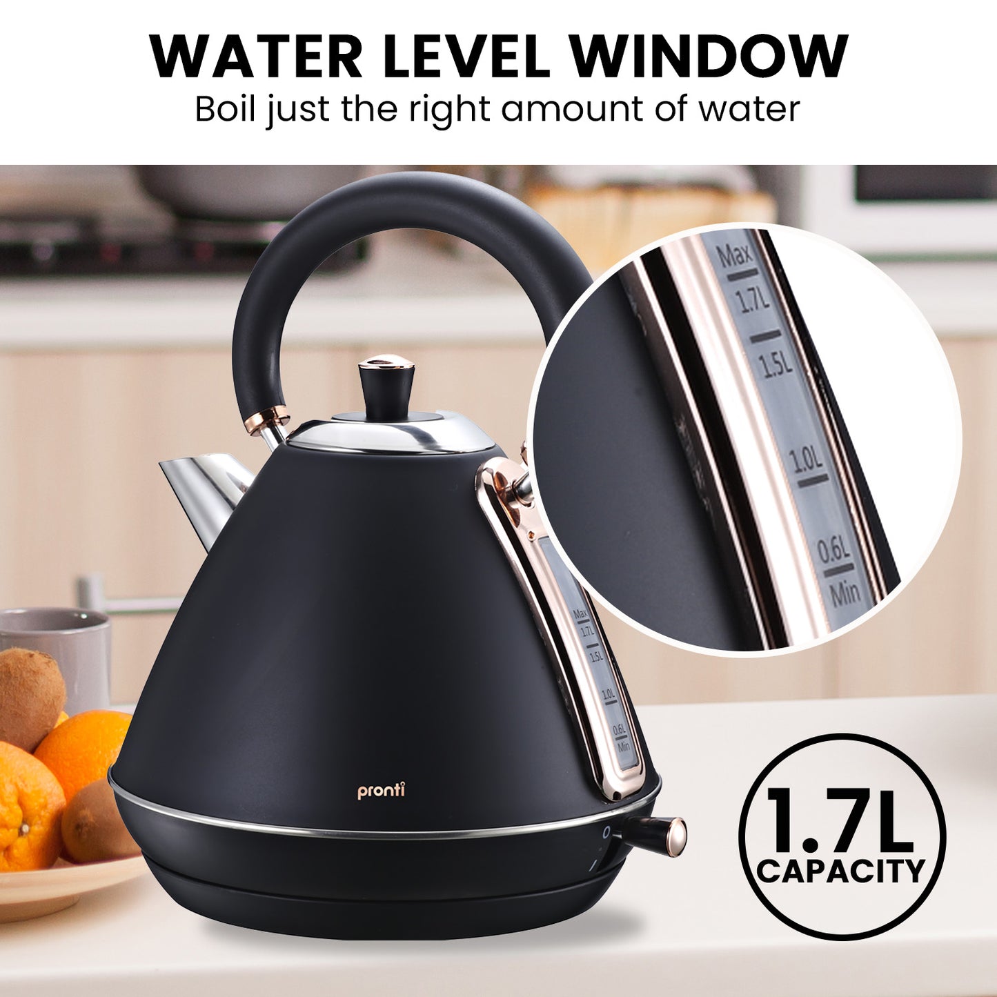Pronti 1.7L Kettle - Rose Trim Stainless Steel, Black