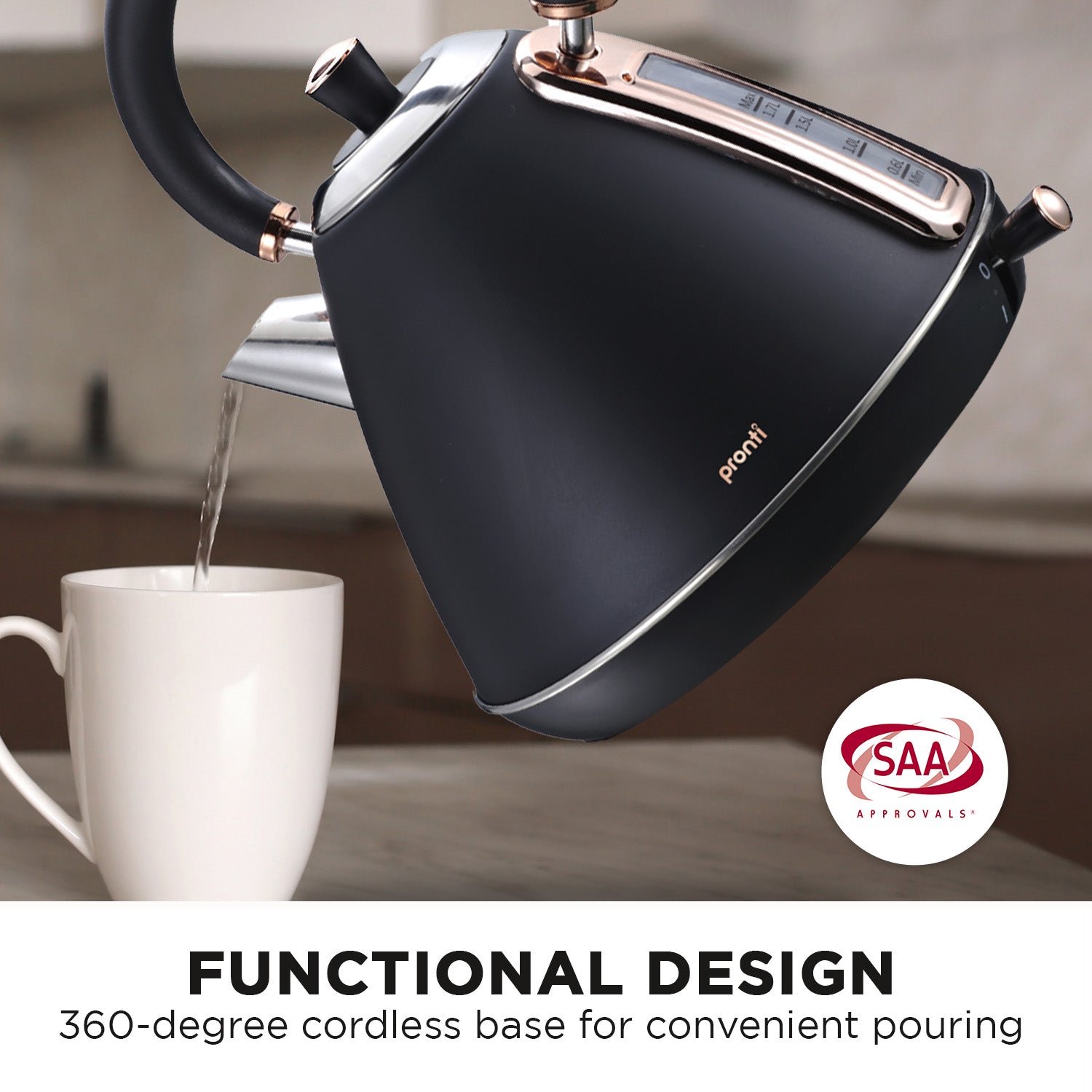 Pronti 1.7L Kettle - Rose Trim Stainless Steel, Black - SuperSaverAU - view 8