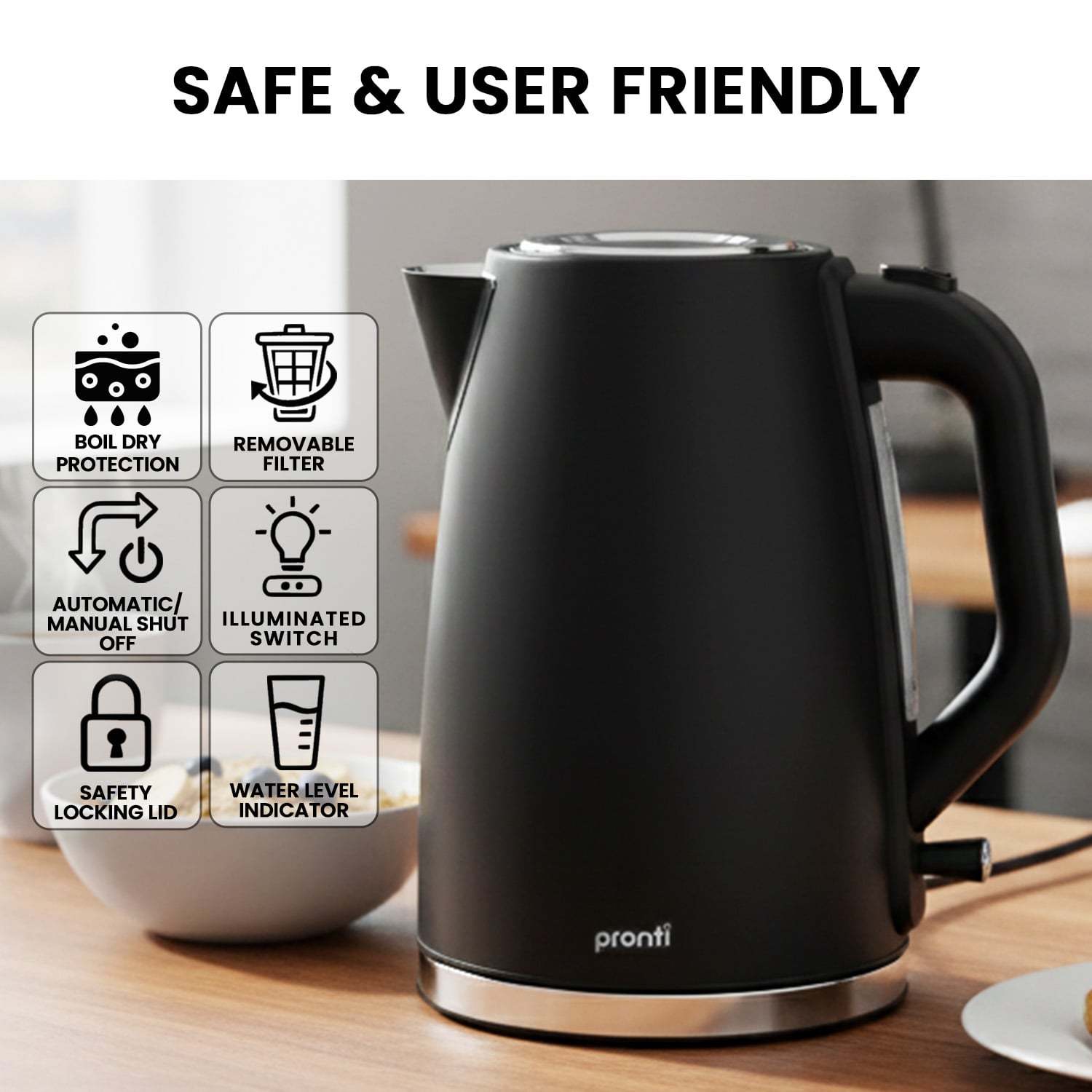 Pronti Silver Noir 1.7L Electric Kettle