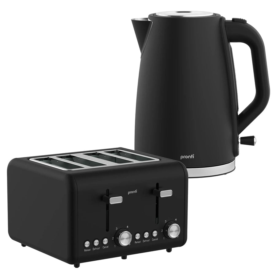 Pronti Silver Noir 4 Slice Toaster & 1.7L Kettle Bundle