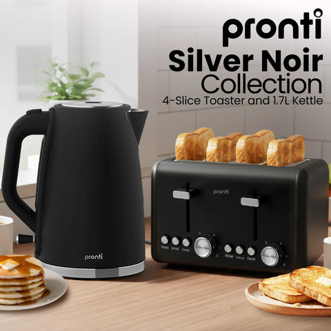 Pronti Silver Noir 4 Slice Toaster & 1.7L Kettle Bundle