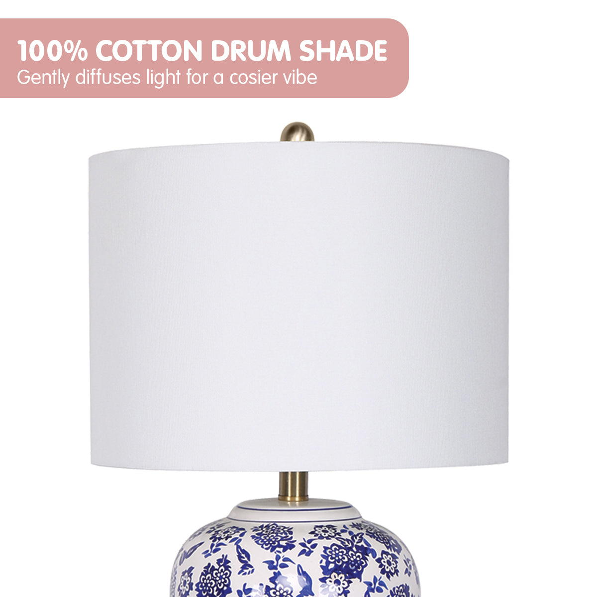 Sarantino Ceramic Floral Table Lamp - Cotton Drum Shade - SuperSaverAU - view 4