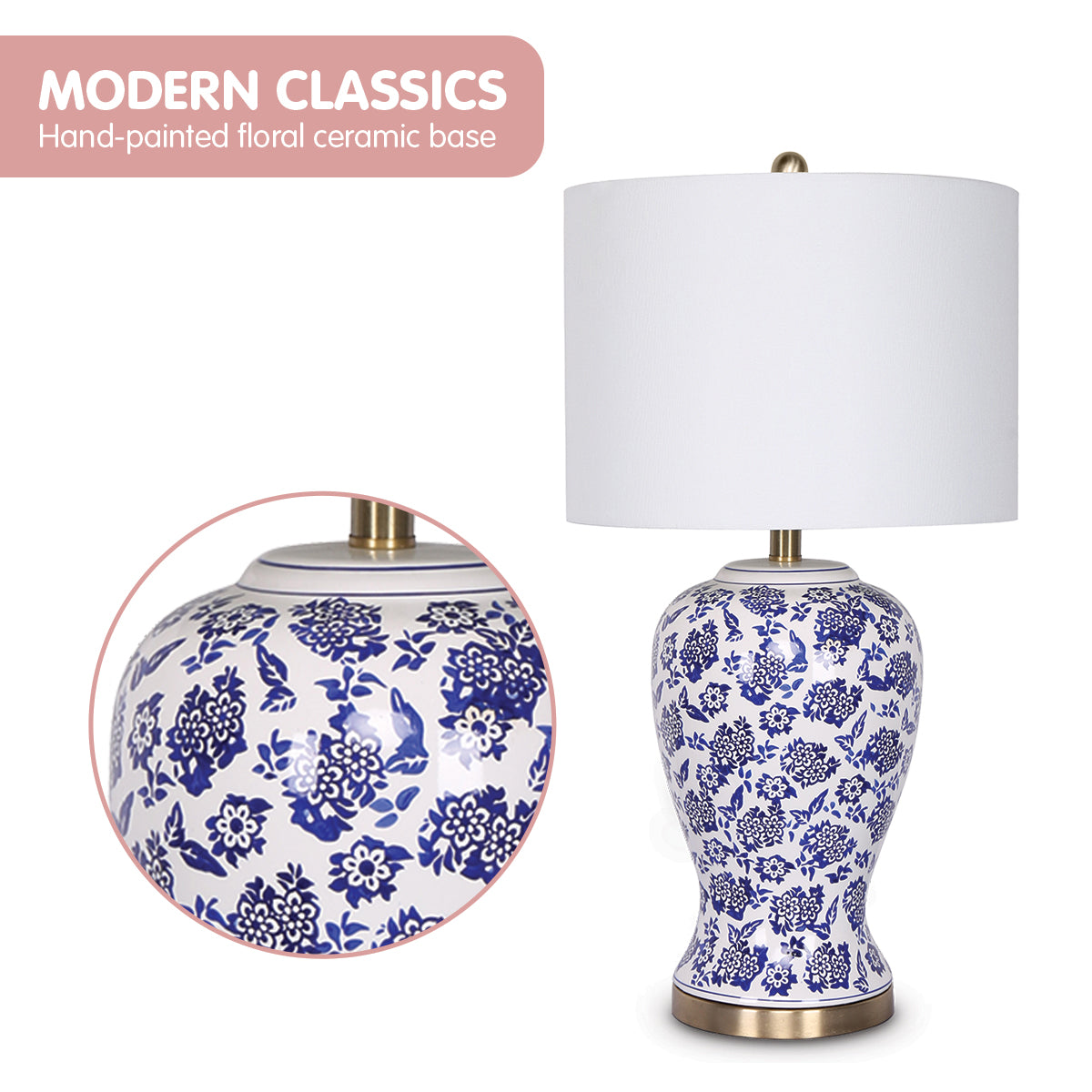 Sarantino Ceramic Floral Table Lamp - Cotton Drum Shade - SuperSaverAU - view 5