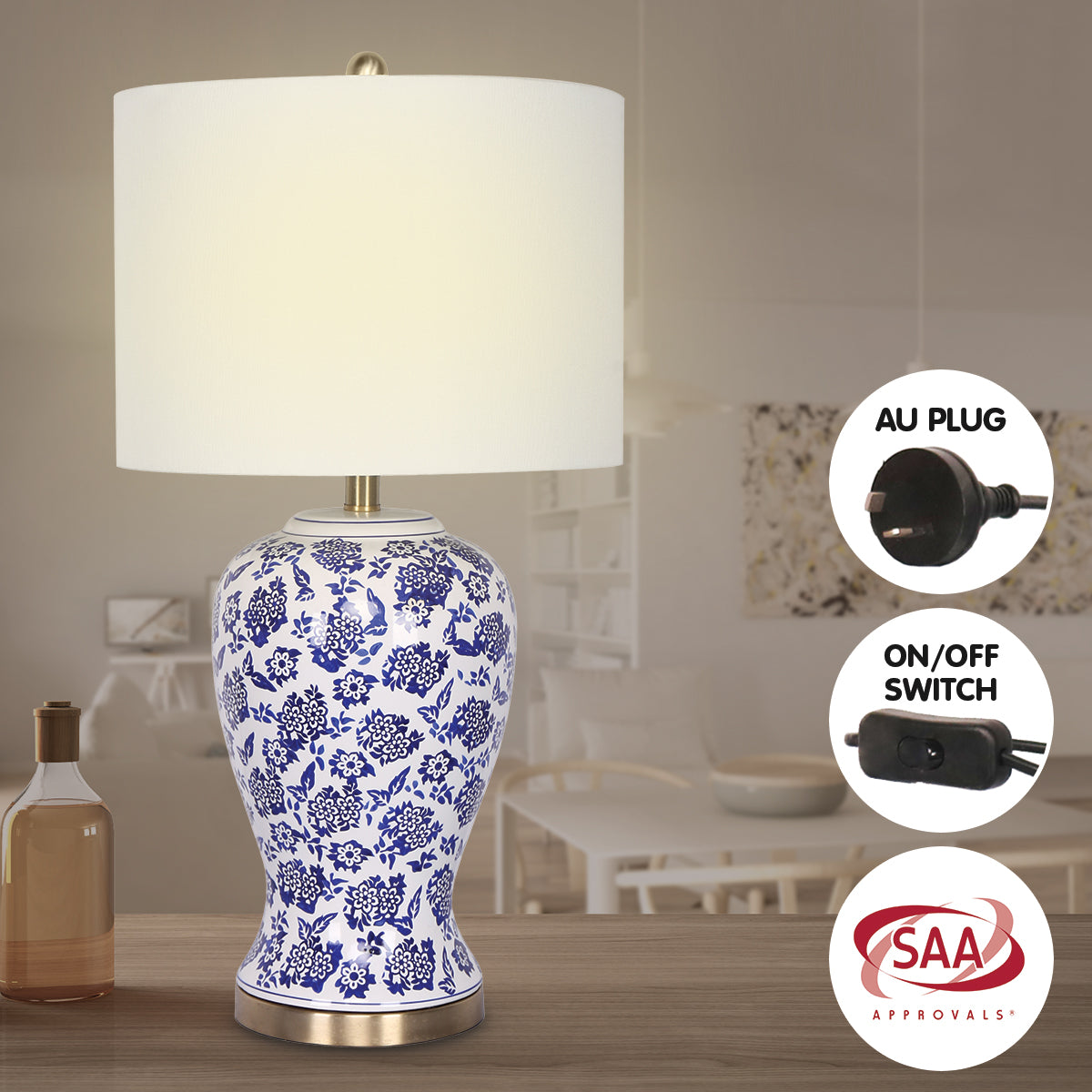 Sarantino Ceramic Floral Table Lamp - Cotton Drum Shade - SuperSaverAU - view 6
