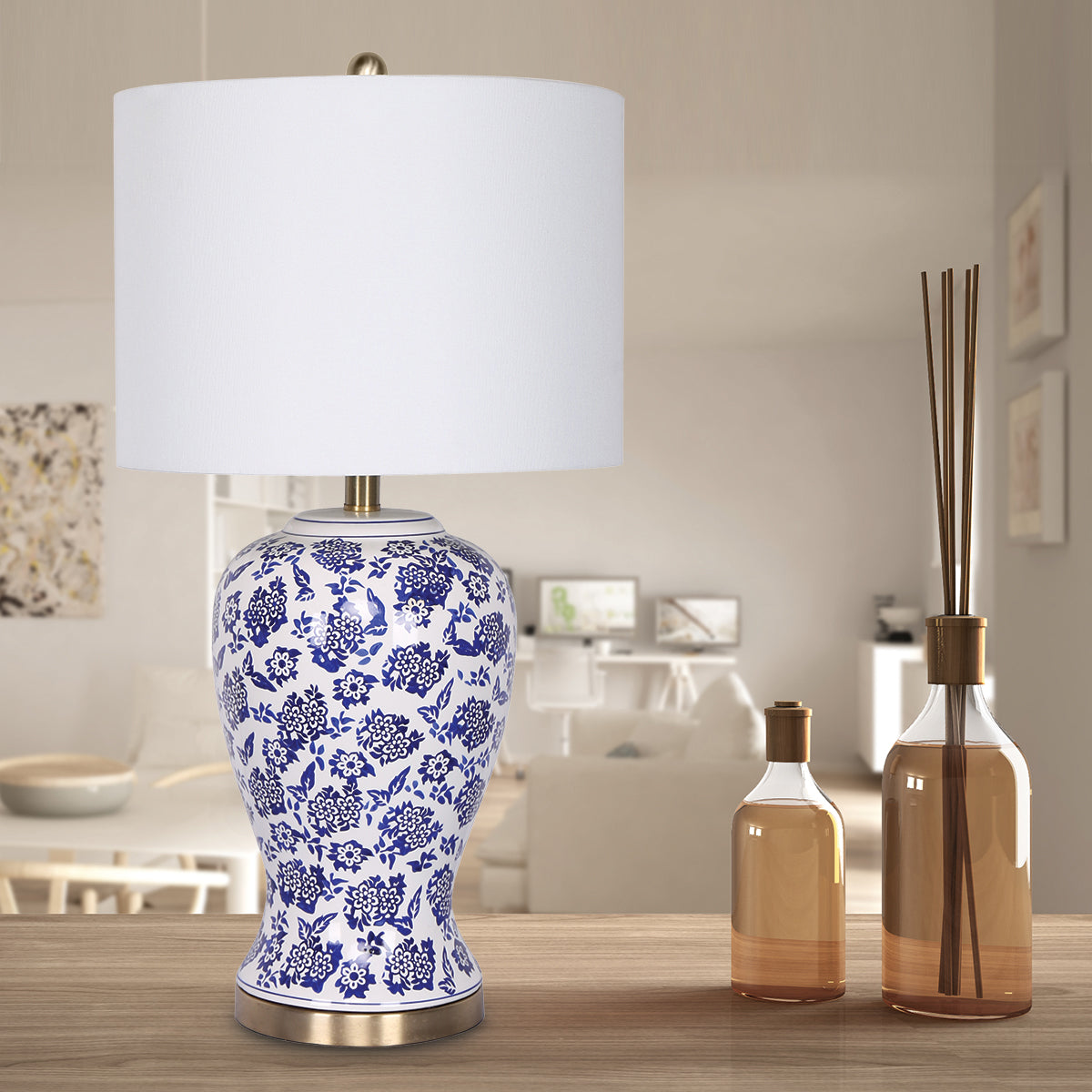 Sarantino Ceramic Floral Table Lamp - Cotton Drum Shade