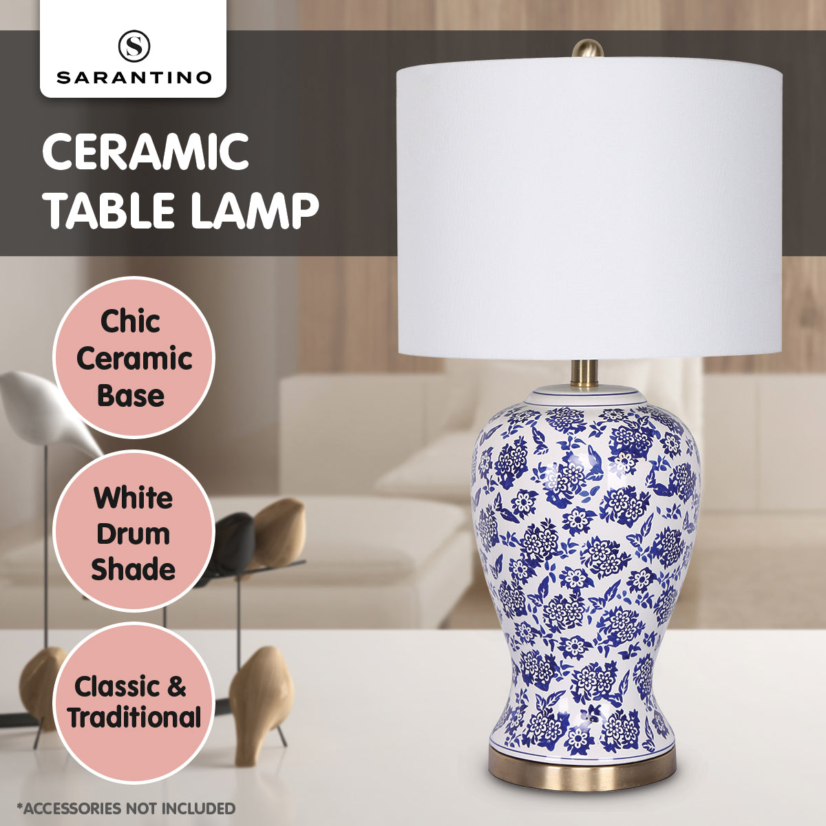 Sarantino Ceramic Floral Table Lamp - Cotton Drum Shade - SuperSaverAU - view 8