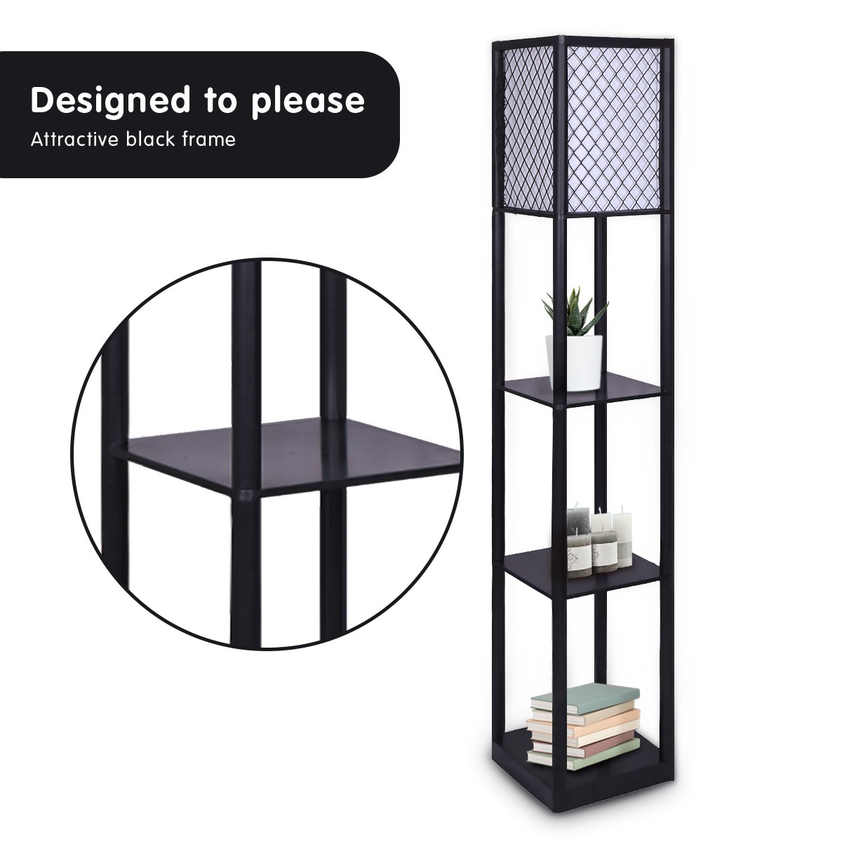 Sarantino Shelf Floor Lamp with Diamond Look Fabric Shade, 26 x 26 x 158cm - SuperSaverAU - view 2